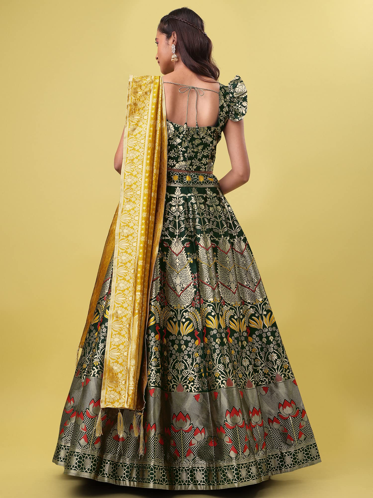 Purvaja Women's Jacquard Semi-Stitched Lehenga Choli (Lotus-D-Green_Green_Free Size)