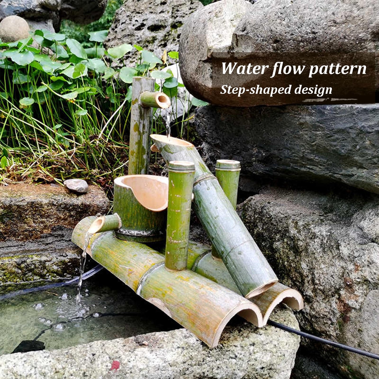 Kit Fontaine en Bambou, Fontaine de Jardin Artisanale avec Pompe, Jet d'eau étagé, Fontaine Solaire extérieure 6 W pour terrasse, Jardin, Bassin et pelouse, 45 cm
