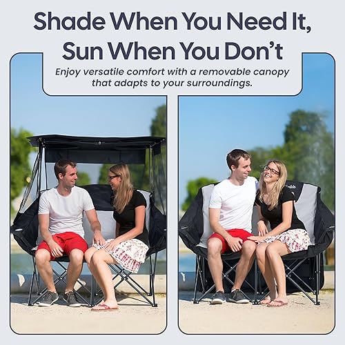 Miniatura 4 de Silla de camping doble con toldo, asiento plegable para dos personas, sofá biplaza portátil al aire libre con sombra, silla plegable para playa,
