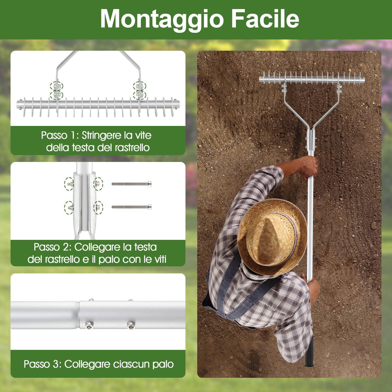 COSTWAY Arieggiatore per Prato 178 cm, Rastrello per Allentare Suolo da 50 cm in Alluminio con Manico Lungo e 19 Denti Curvi, Arieggiatore Manuale da Giardino e Cortile