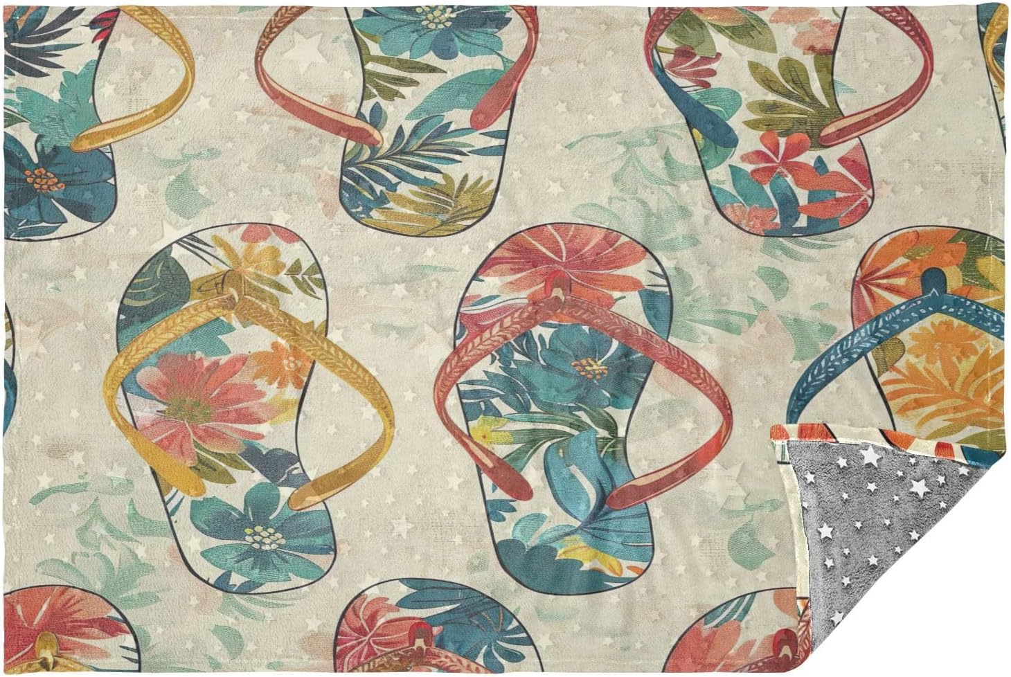 Tropical Slippers Travel Blanket Glowing in The Dark, Soft 2 in 1 Airplane Blanket 65" x 55", Foldable as Pillow, Luggage Sleeve & Backpack Clip