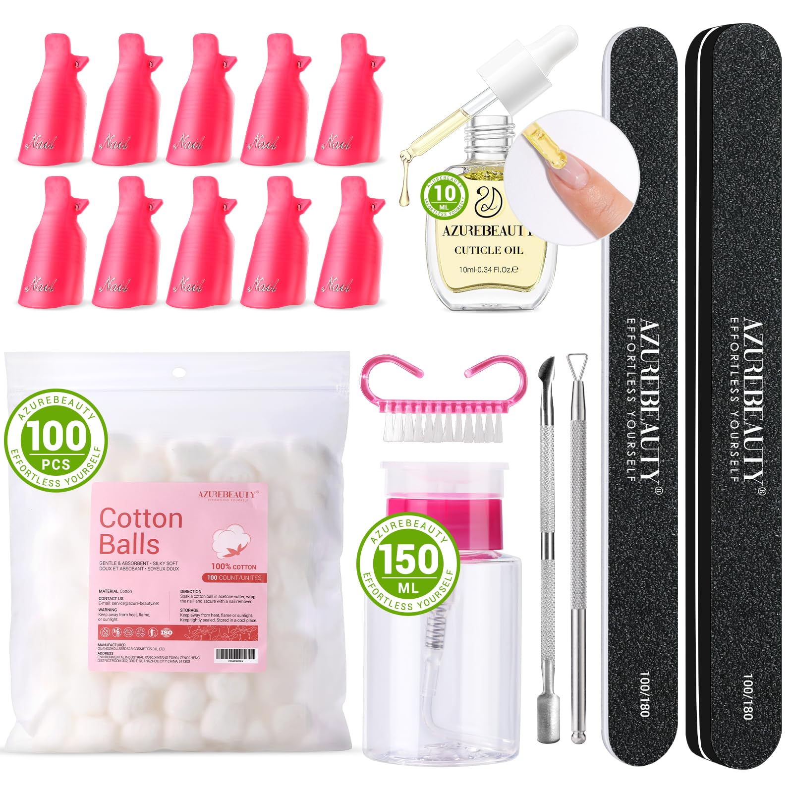 AZUREBEAUTY Nail Polish Gel Remover Tools Kit with 10 ml Cuticle Oil 10 PCS Nail Clips 150ml Remover Bottle Nail Remover Cotton Balls Cuticle Pusher Peeler Brush Nail File Buffer Comprehensive Tools