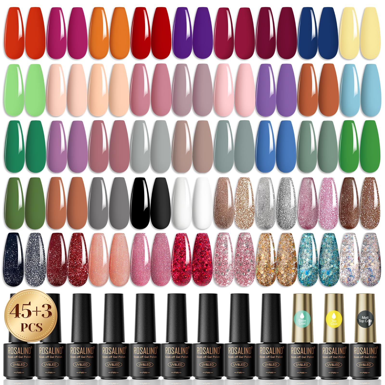 ROSALIND 48 Pcs Esmalte Semipermanente, 45 Colores Pintauñas Semipermanentes Remojo con Base, Top Coat Brillante y Mate, Esmalte de Uñas Semipermanentes de Rojo Morado Naranja Desnudo