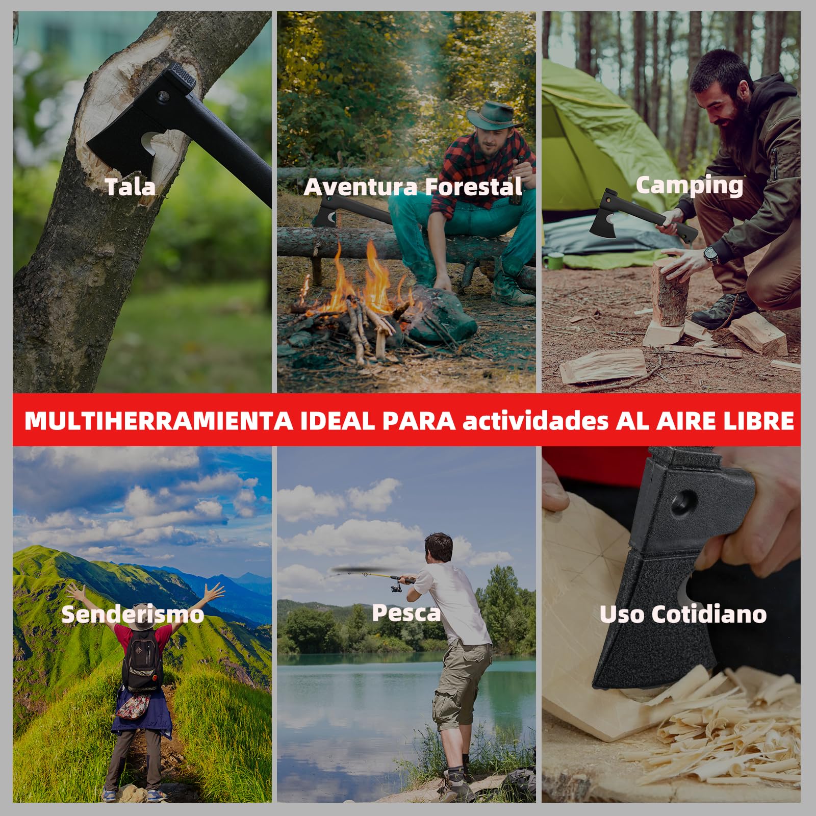 ZKH Hacha Camping 6 en 1, Herramienta Multifunción, Supervivencia en Camping, Cierre de Seguridad, Ligera, Fácil de Llevar Regalo de Hombre para Canguro, Outdoor, Reparación, Senderismo
