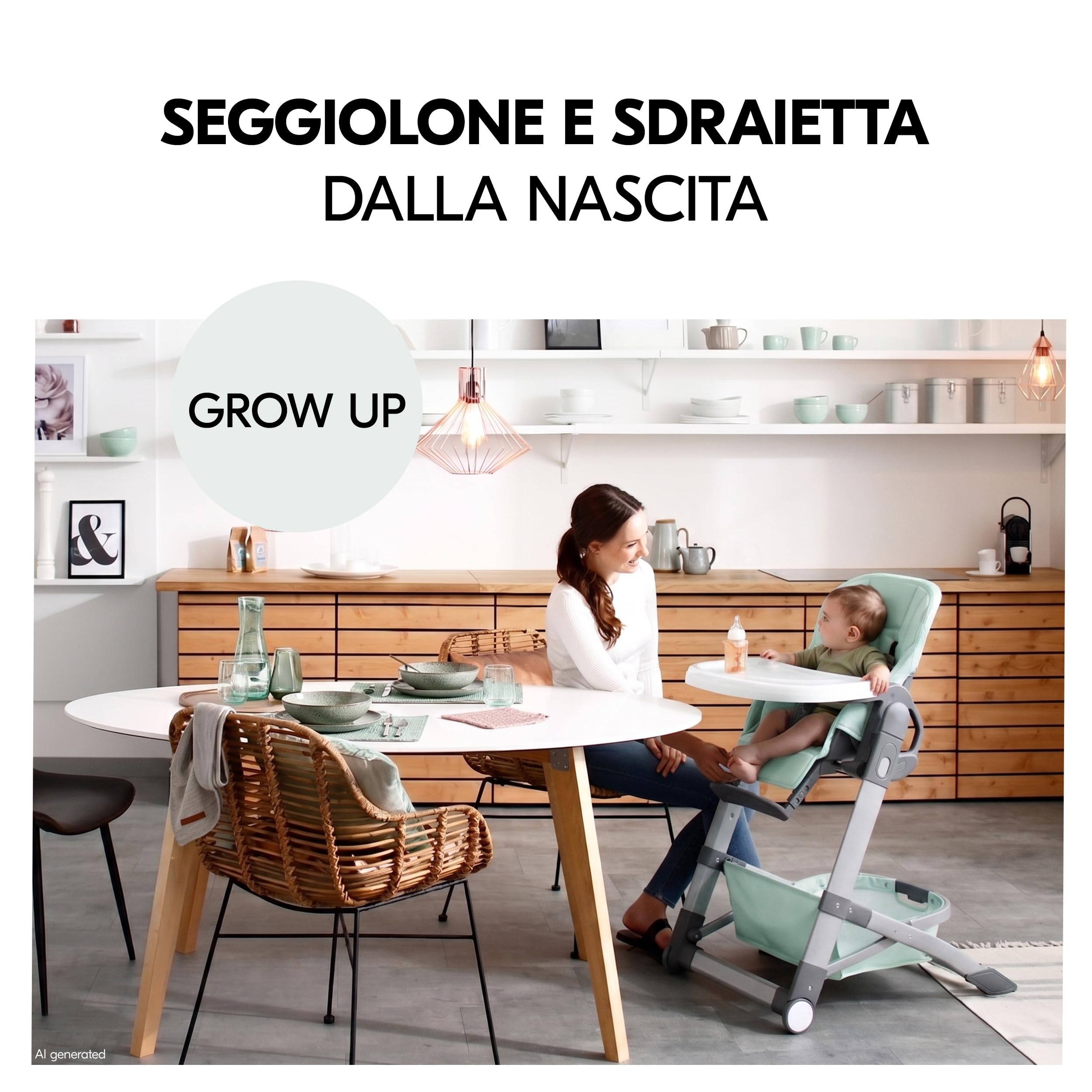 hauck Grow Up Seggiolone Pappa Portatile - Evolutivo Dalla Nascita con Funzione Reclinabile - Pieghevole con Vassoio e Ruote - Regolabile - Mint
