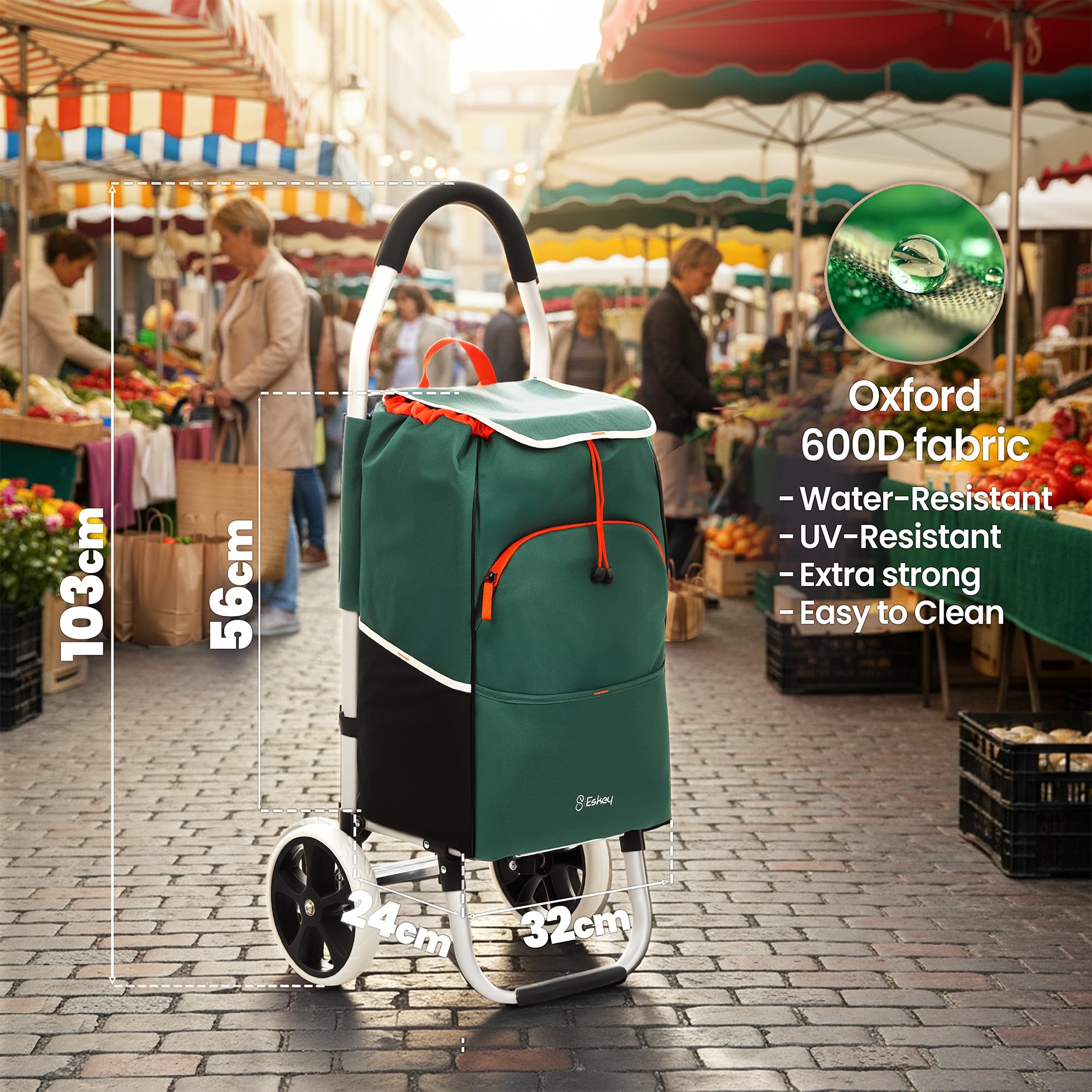 Eskey Carro de protección para boodschappentrolley Met koelvak – Resistente al Agua – Ovouwbare Boodschappenwagen – Grote Wielen (Forest Green)