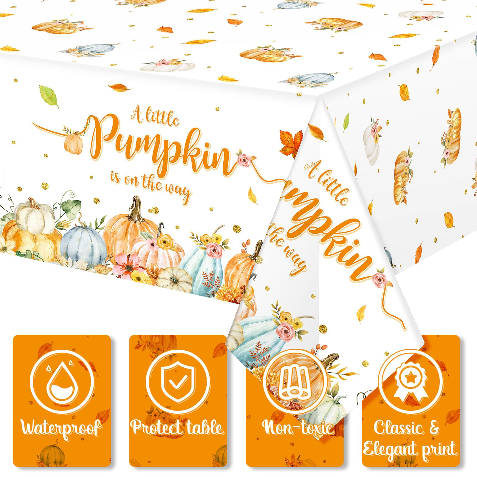 WovWeave Obrusy z małą dynią, jesienne, baby shower, dekoracje imprezowe dla chłopca, dziewczynki, mała dynia jest w drodze, pokrowce na stół na Święto Dziękczynienia, dynia, upominki, artykuły