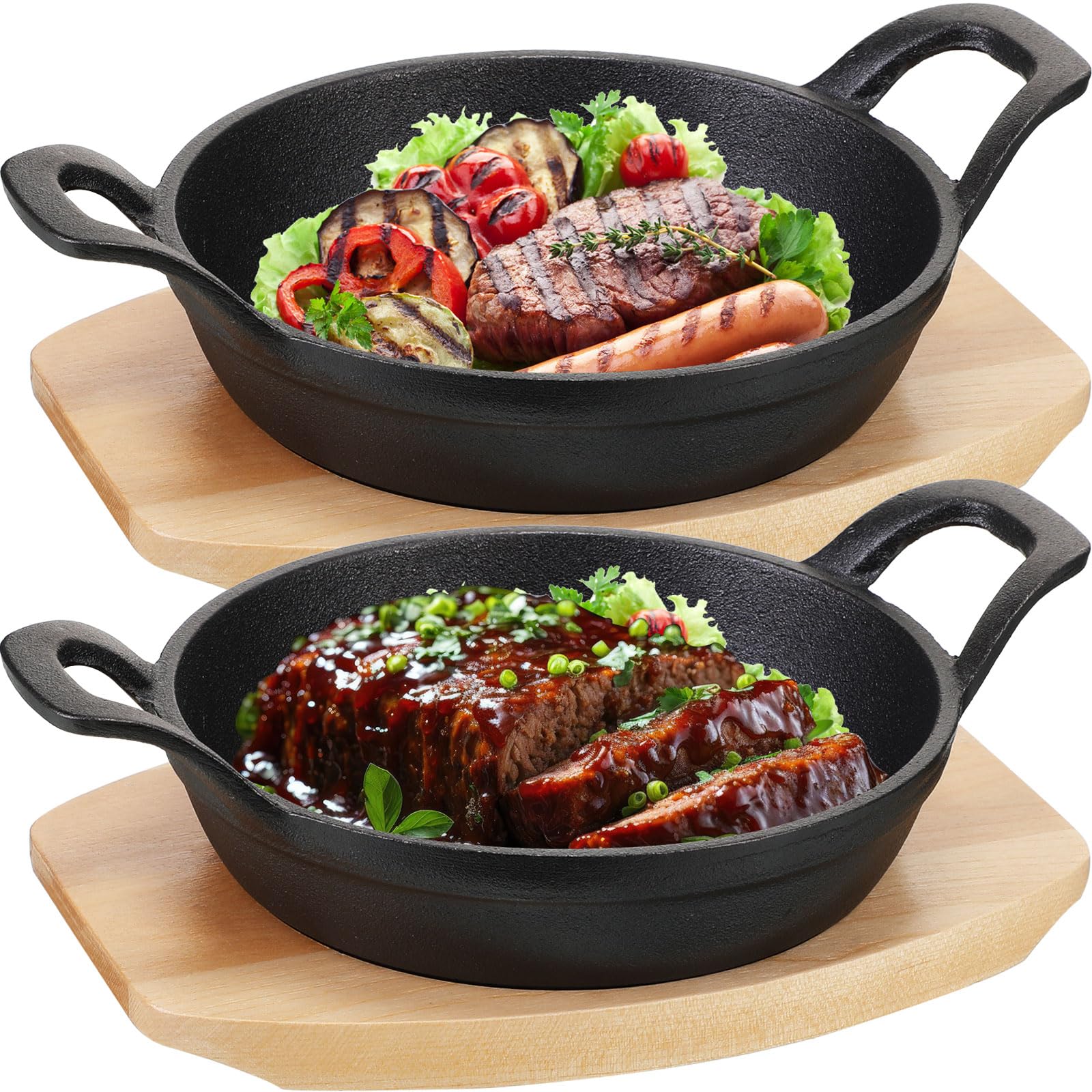 Juego de 2 sartenes pequeñas de hierro fundido con base de madera, mini sartenes redondas de hierro fundido resistentes, platos de fajita para cocina, restaurante, barbacoa (6.3 pulgadas)