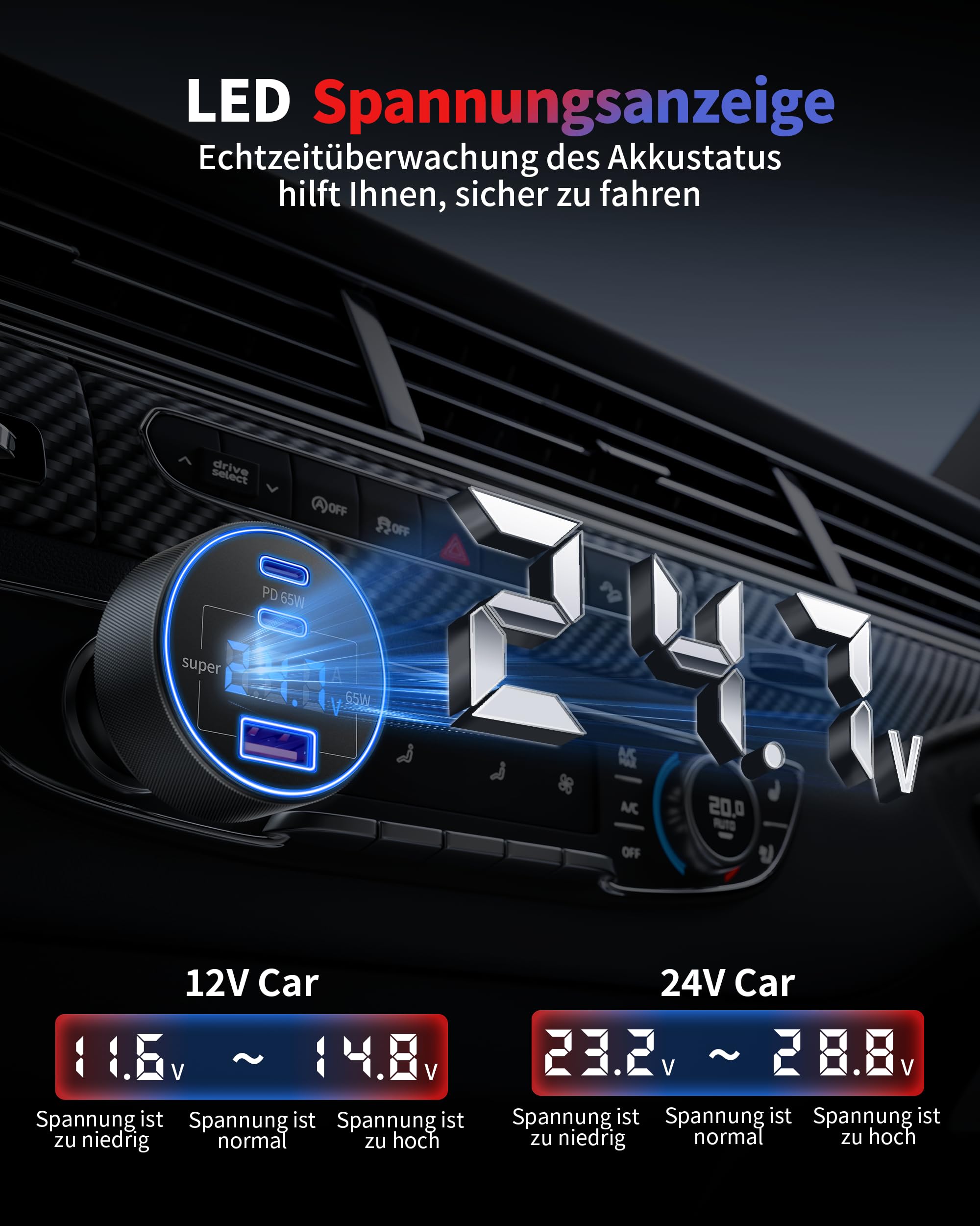 130W Zigarettenanzünder USB-C & USB-A Auto Ladegerät mit LED Voltmeter, 3-Port KFZ Ladegerät mit 1M Typ-C Kabel, 12V Adapter Handy Schnellladegerät Car Charger für iPhone 17 16 15, Samsung, Android
