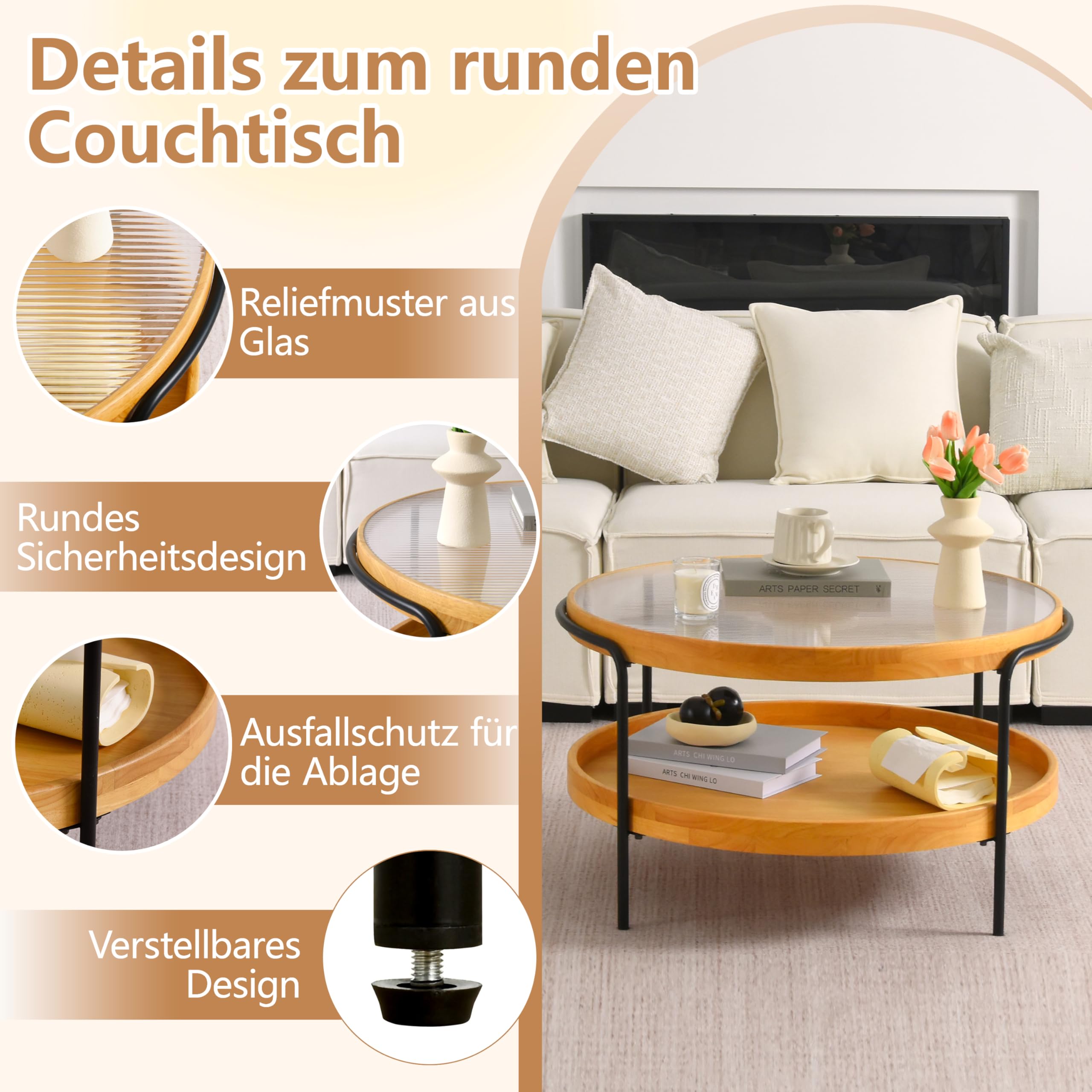 Couchtisch Rund Holz, 2-Tier Coffee Table aus Glas, Ø76x45cm