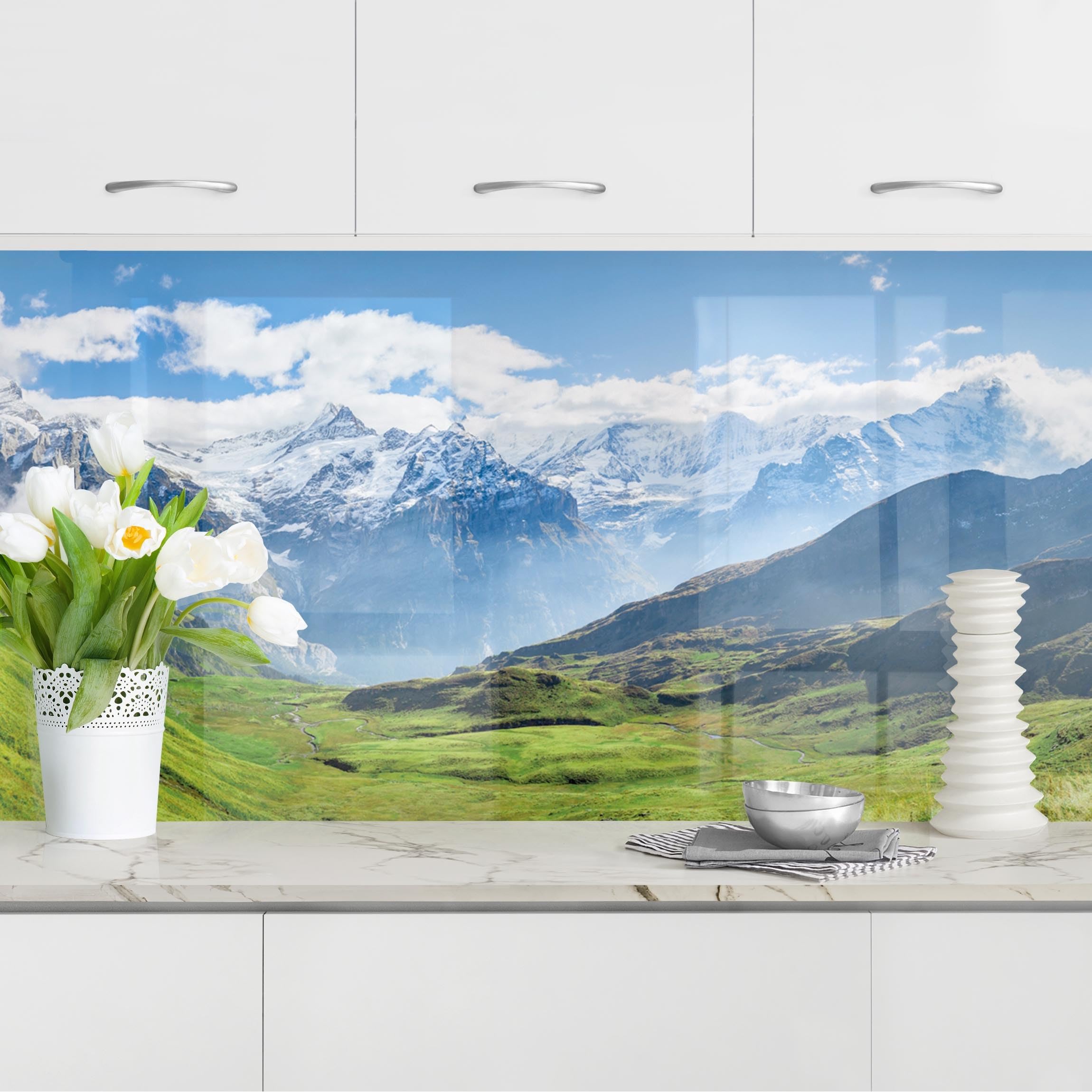 Küchenrückwand selbstklebend Jan Becke Natur ohne Bohren fugenlos - Made in Germany - Berg Modern matt Paneel grün Küche Herd Spritzschutz 1934 (140x40cm)