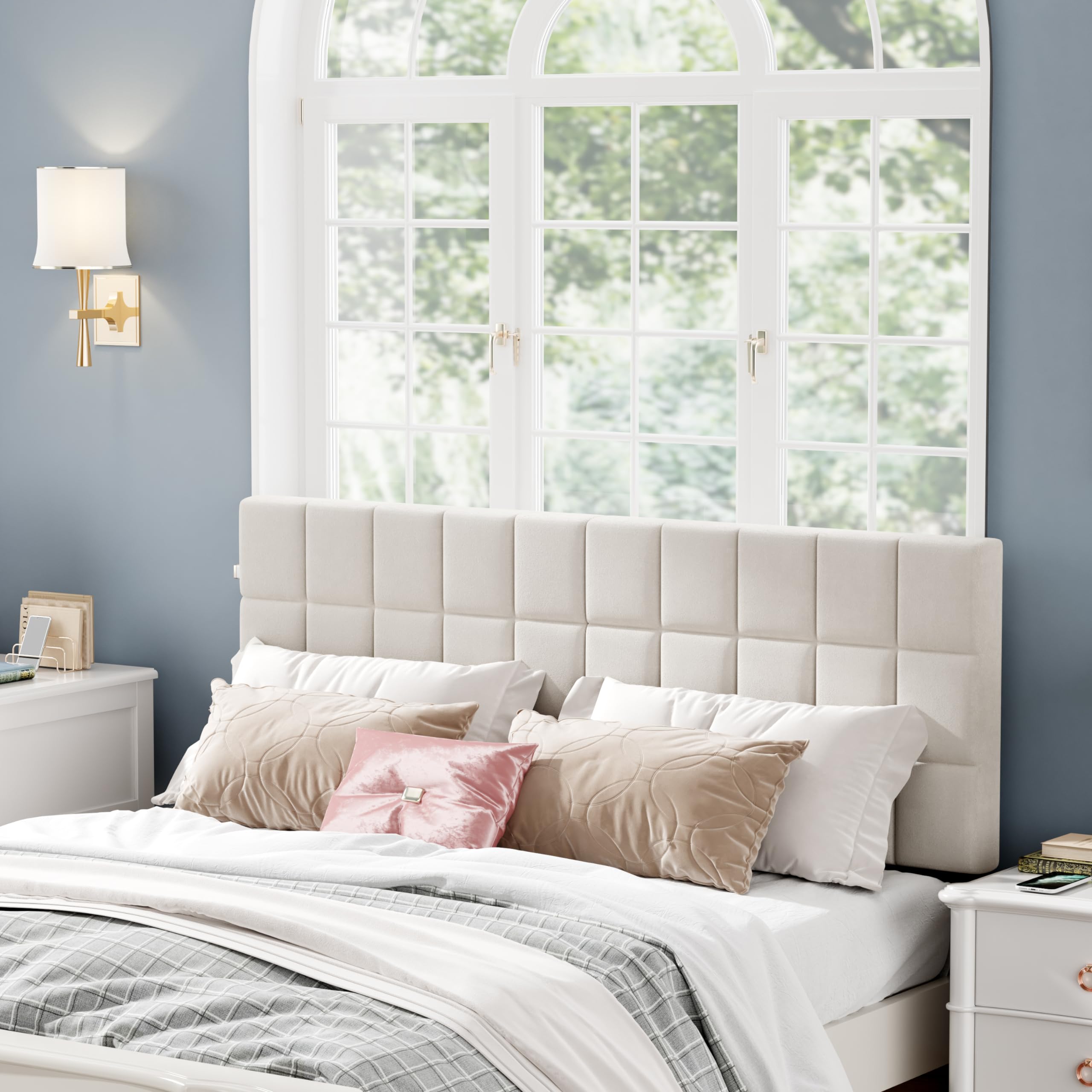 Andeworld Testiera imbottita in velluto, per letto matrimoniale, con gambe in metallo, altezza regolabile da 106,7 a 129,5 cm, design moderno, colore beige