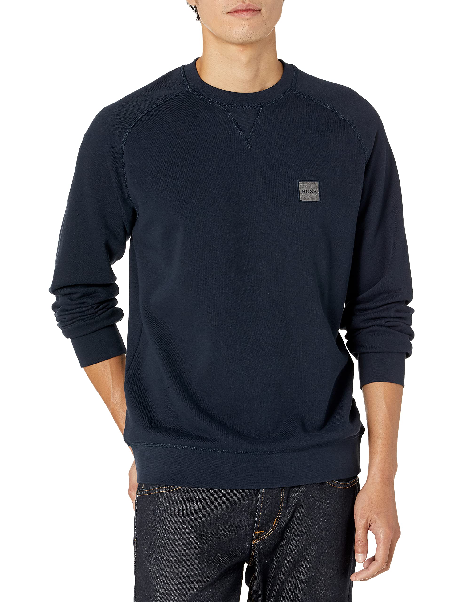 BOSS Men's Patch Logo French Terry Pullover Cotton Sweatshirt Large Space Navy