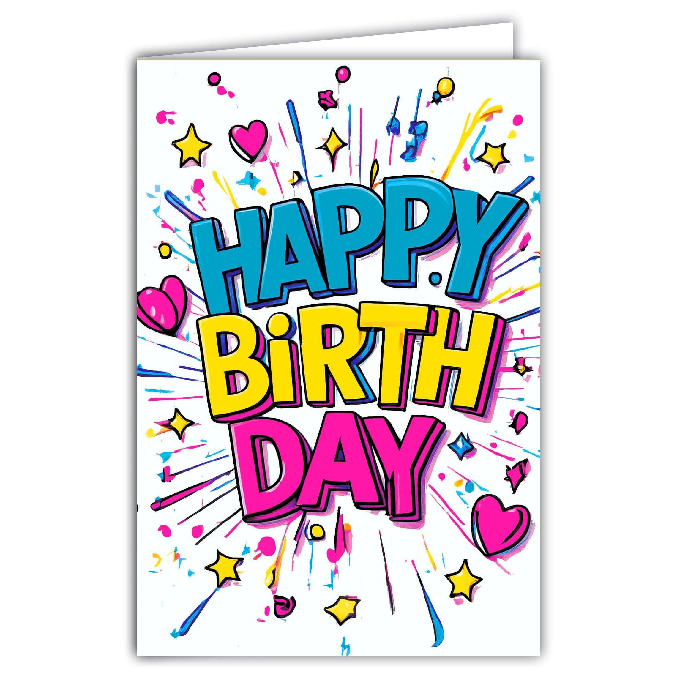 69-8169 Bright Rainbow Colourful Fluorescent Card with Pink Hearts and Yellow Stars - with White Envelope - 12 x 17.5 cm - Made in France