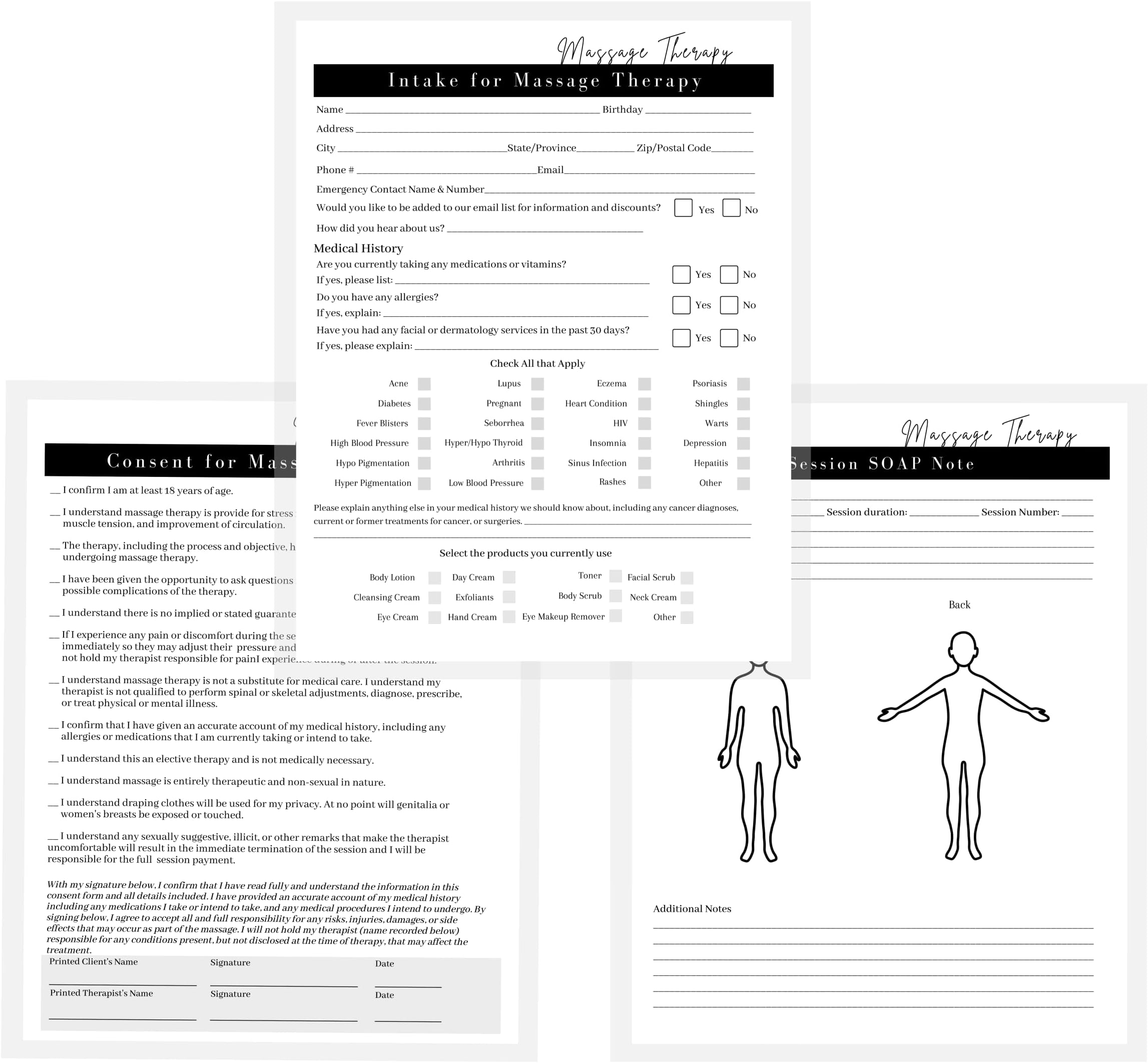 Massage Therapist Consent, Intake & Soap Note Forms | 75 Pack | 8.5 x 11" A1 Forms | Massage Therapy Supplies | Minimalist Design