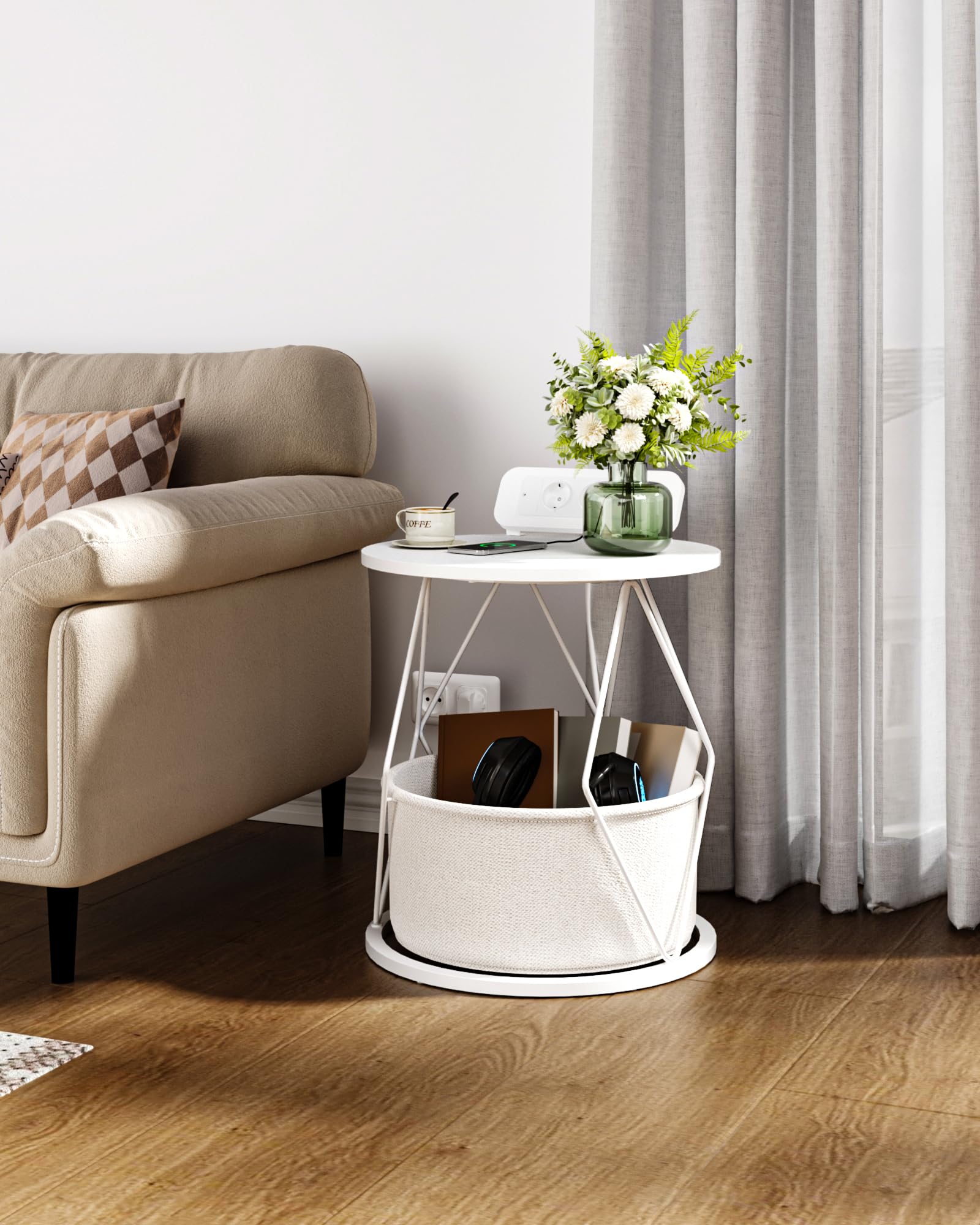 Hzuaneri Petite Table Basse Ronde, Petite Table D'appoint avec Station De Chargement Et Panier De Rangement, Table De Salon, Table Basse, Table De Chevet pour Salon, Blanc, ET45003X