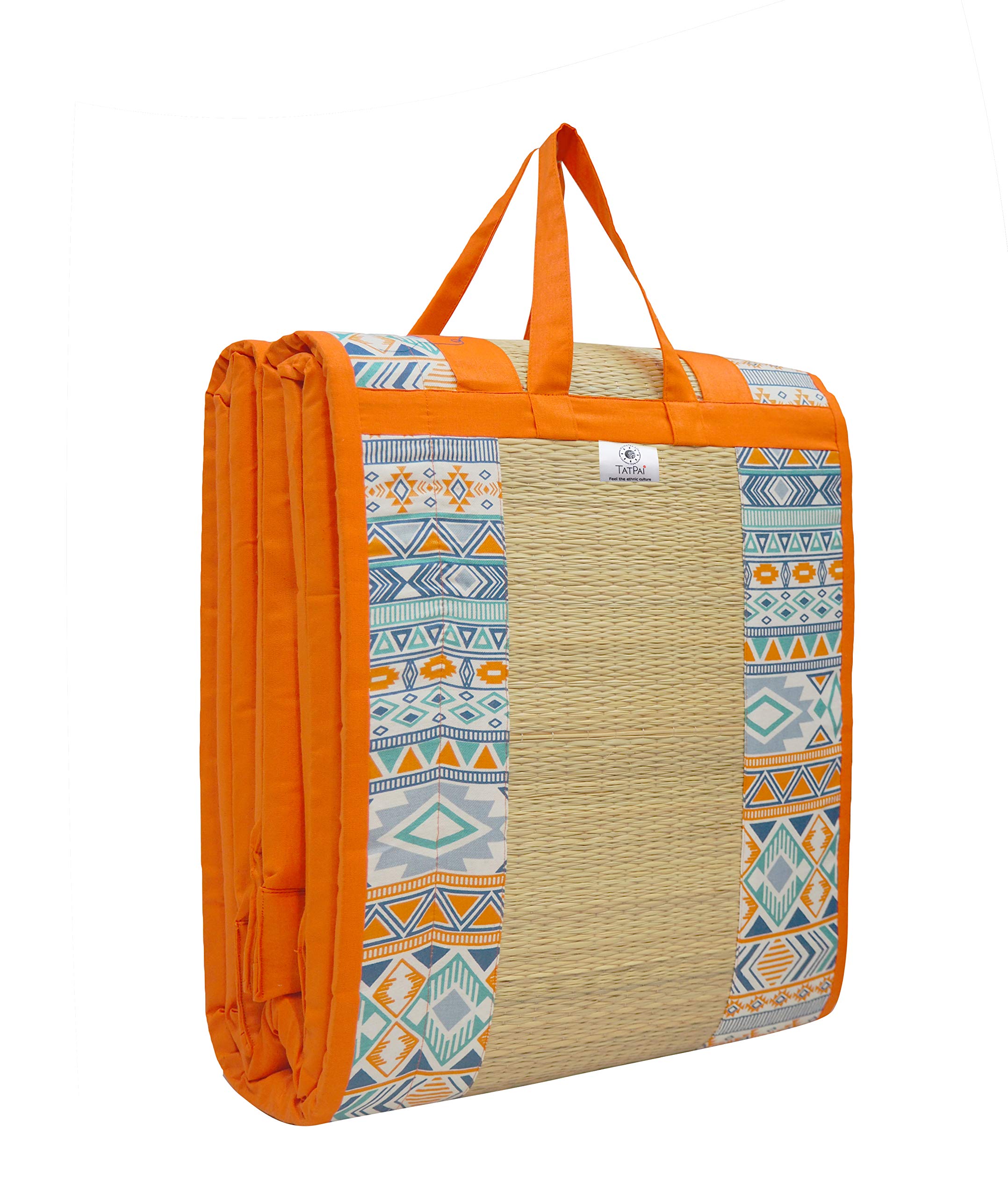 Kora Grass Paai Mat For Bedroom Floor|Foldable Bed With Handle| Chatai With Foam Mattress Foldable| Earthing Grounding & Large Size Mat (3 X 6.5 Ft ,18 MMThickness,Urban Tribe),Orange