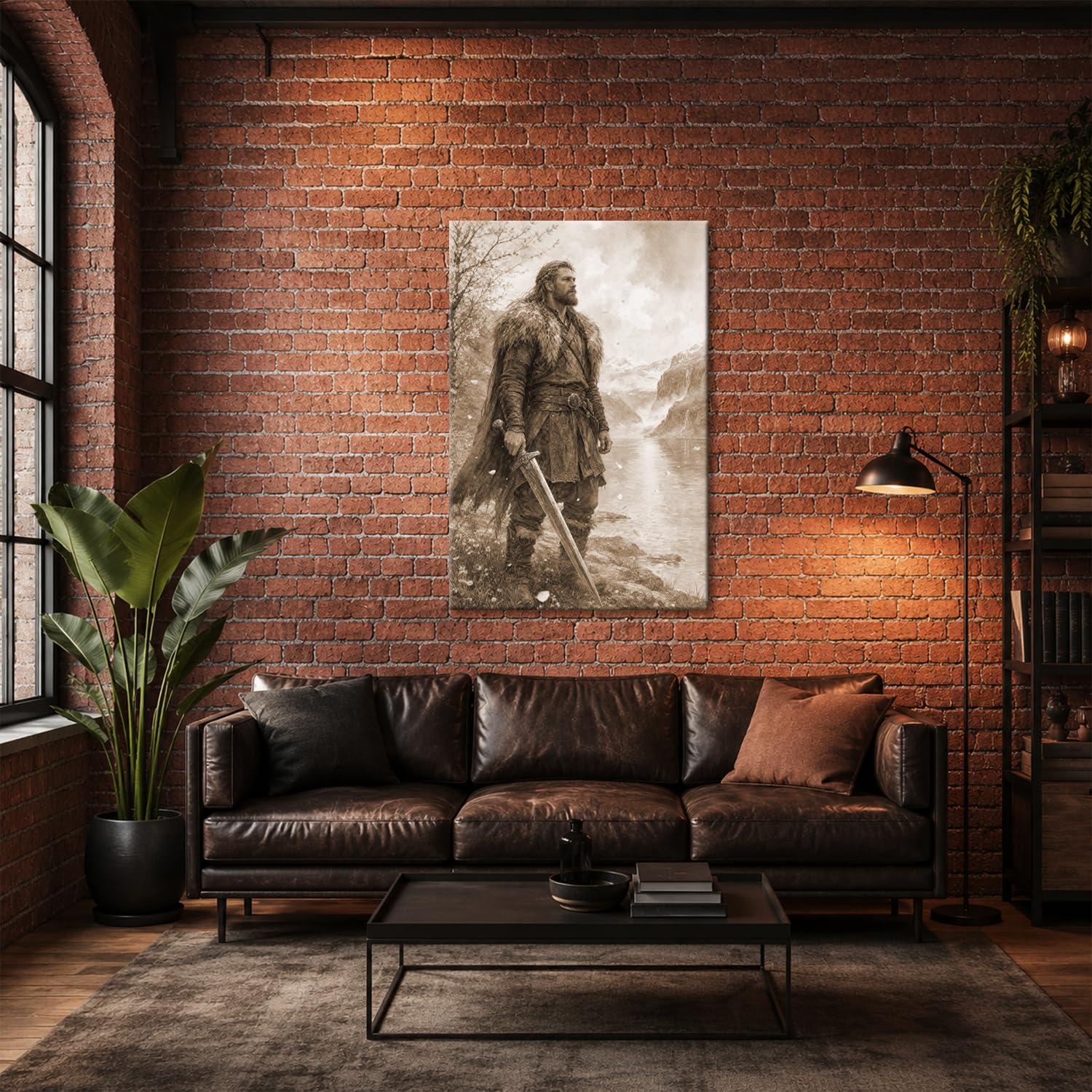 deyoli Obraz na płótnie Wikingowie z mieczem nad jeziorem przed górami 60 x 40 cm Sepia