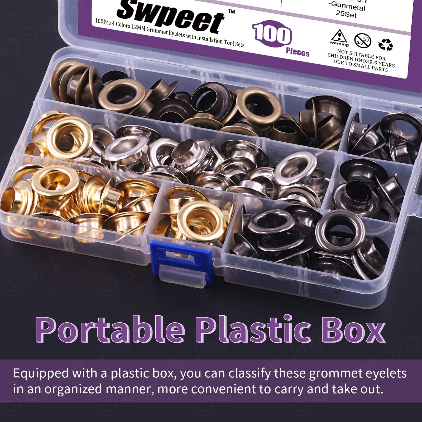 Swpeet 200Pcs - 100 Sets 1/2 (12mm) Gold Metal Grommets Eyelets Kit for Repairing Canvas, Leather, Curtains