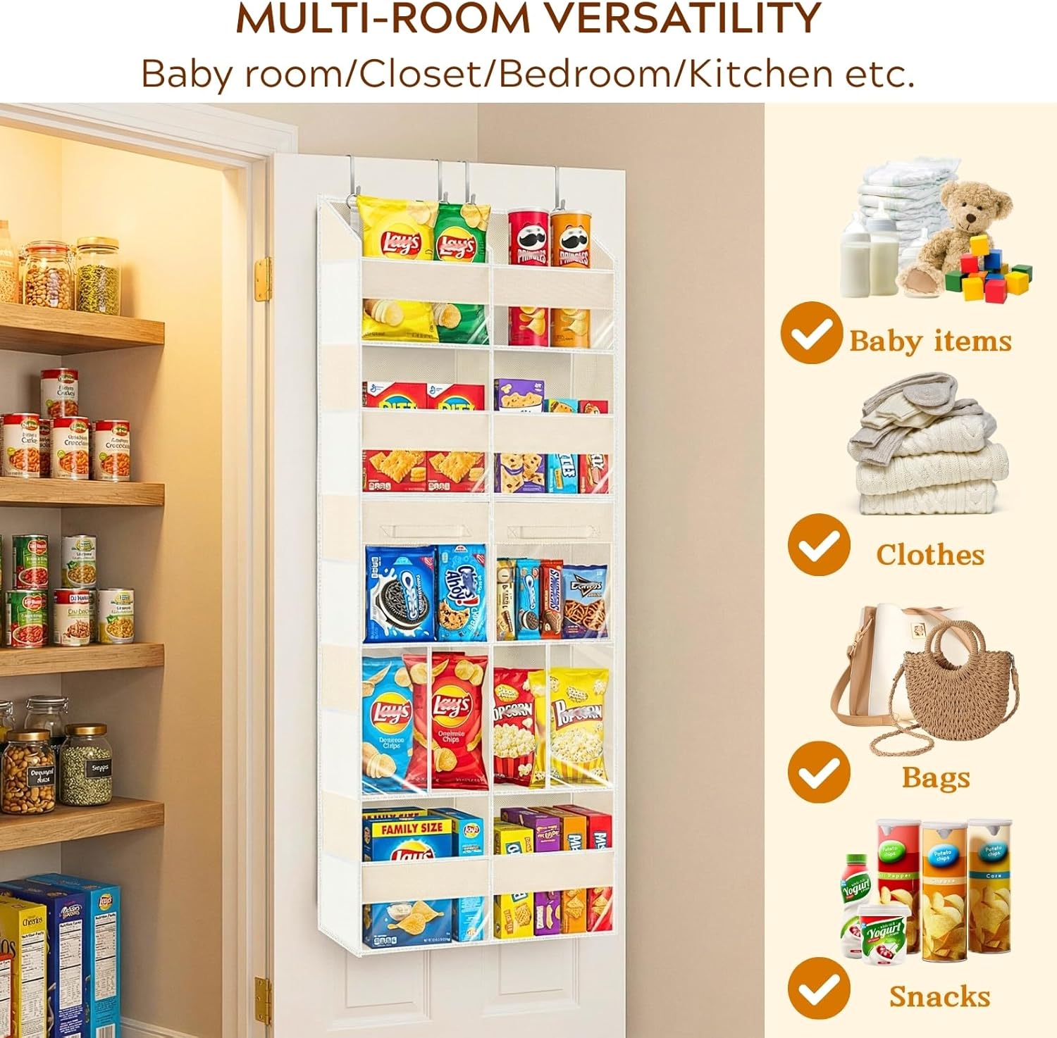Over the Door Organizer 5 Tiers with Removable Drawers, Extra Large Door Storage of 6 Compartments & 2 Diaper Storage, Double-Column Clear Window Door Hanging Organizer for Nursery, Closet, Pantry