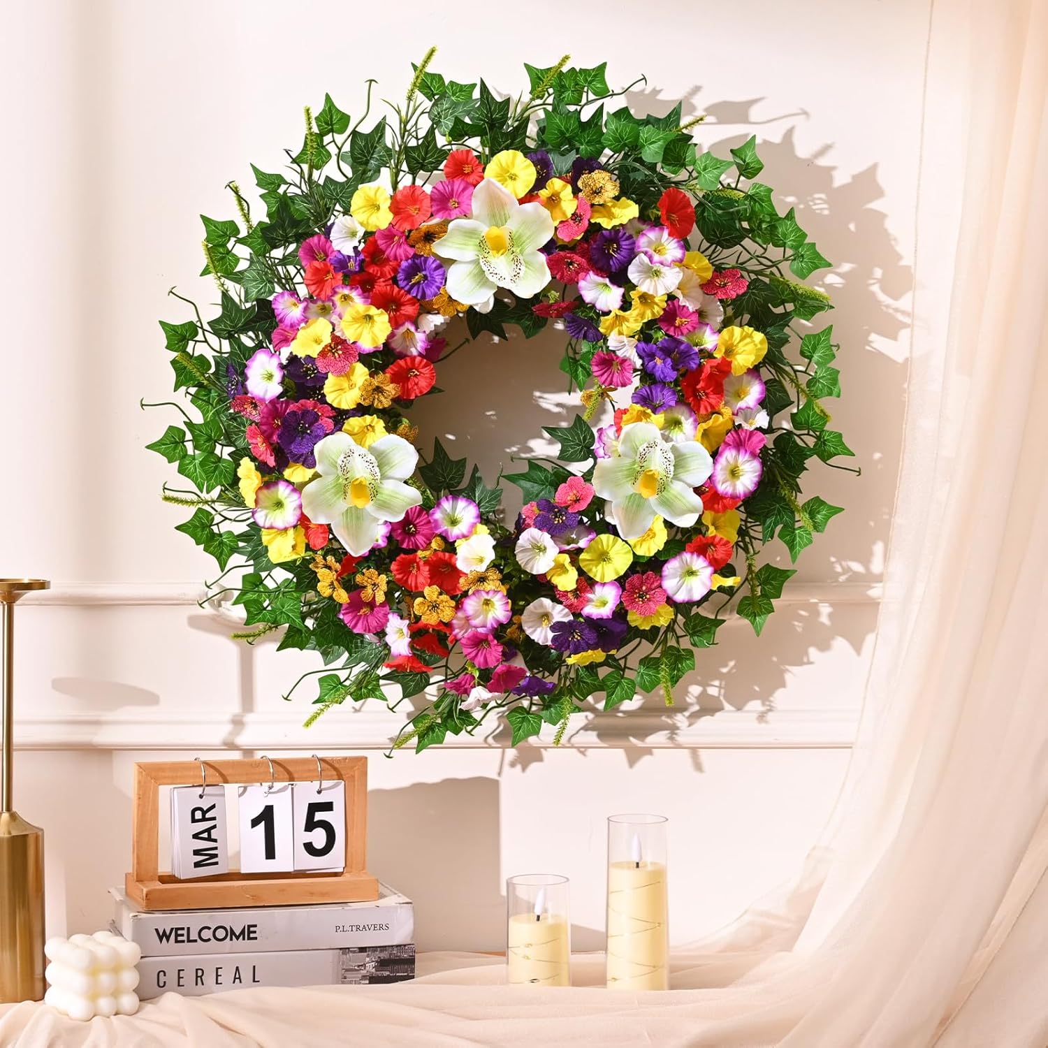 24 Inch Large Spring Summer Wreaths for Front Door, Valentines Day Door Wreath with Colorful Blossoms Magnolia Natural Leaves, Spring Summer Door Wreath for Wall Window Porch Wedding Indoor Outdoor - Image 8