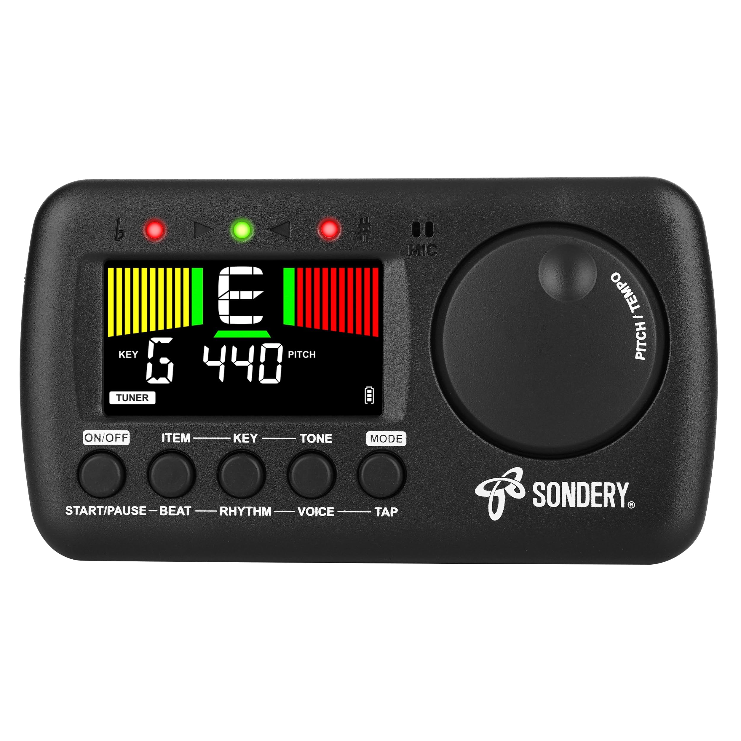 Sondery Metronome Tuner Tone Generator with Guitar, Bass, Ukulele, Chromatic Tuning Modes and 12 Keys Tuning for Wind Instruments, Woman Voice Metronome with Tap Tempo Setting, Power Rechargeable
