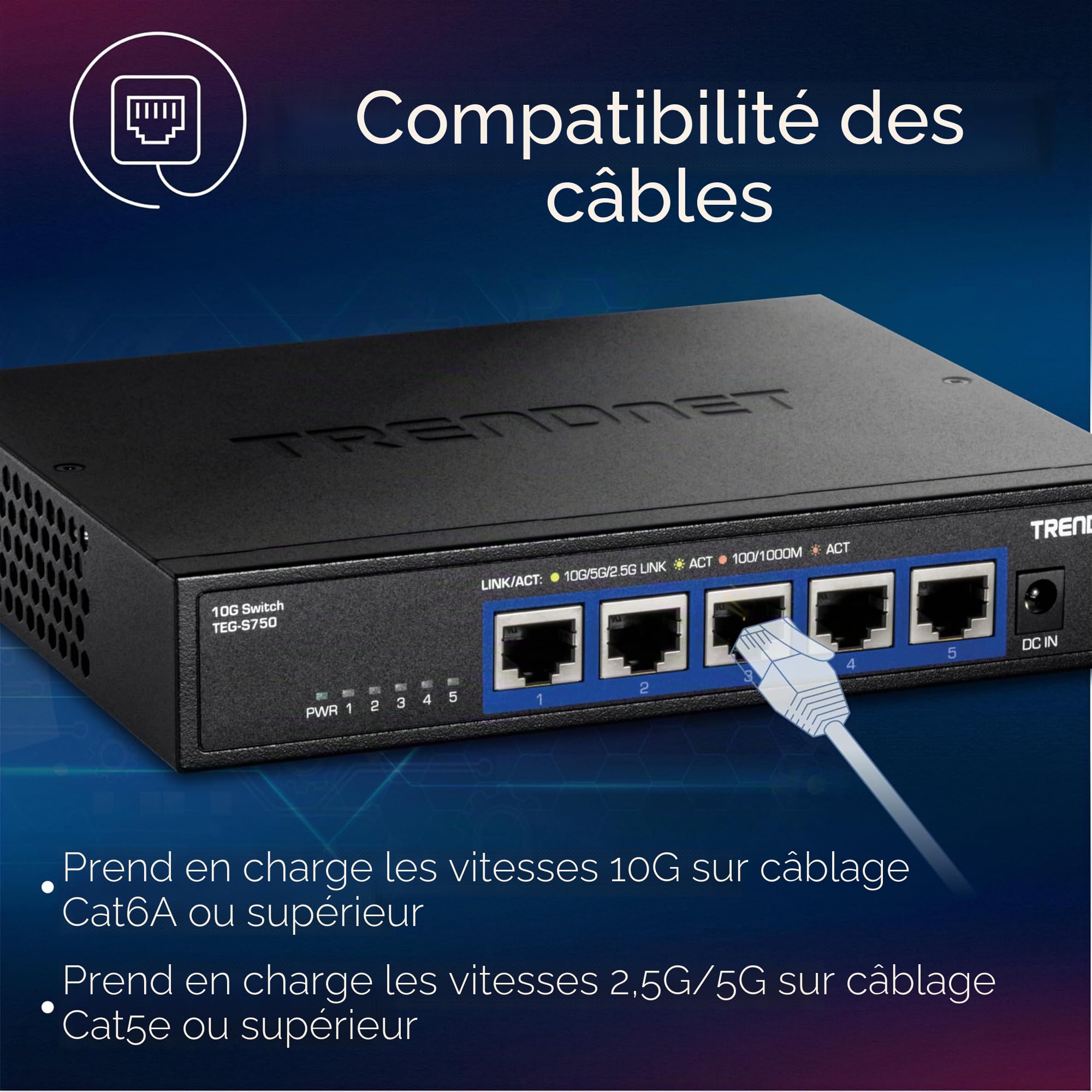 TRENDnet, TEG-S750, Commutateur 5 Ports 10G, 5 Ports RJ-45 10G, capacité de Commutation de 100 Gbit/s, Prend en Charge Les connexions 2,5G et 5G-Base-T, Noir