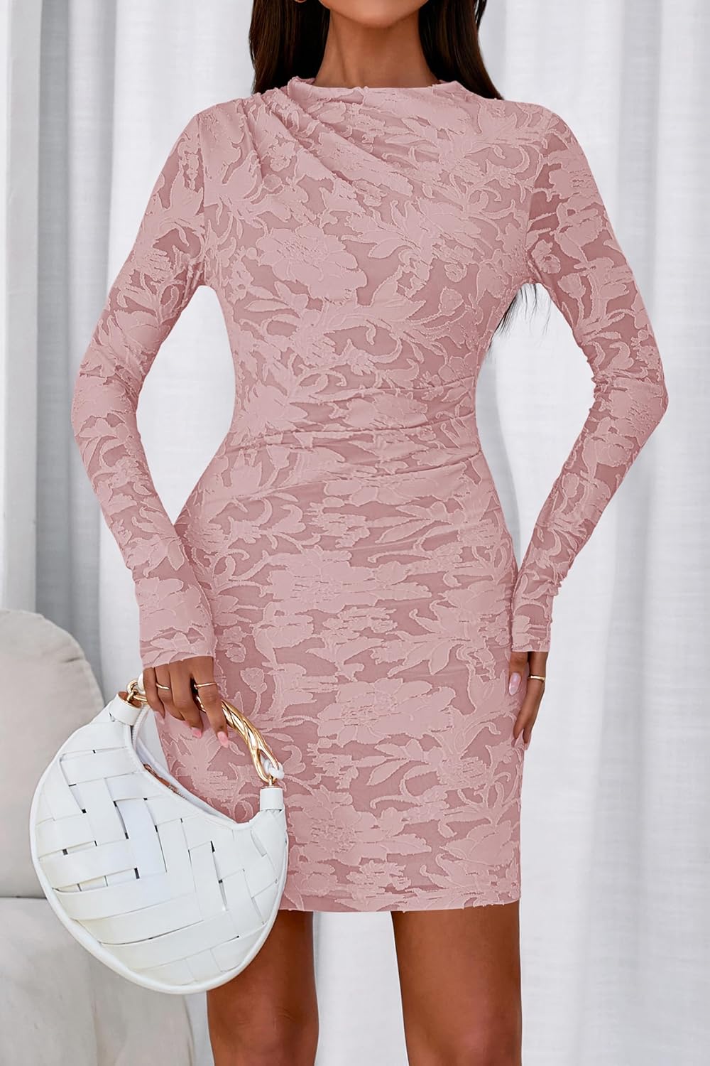 PRETTYGARDEN Women's Fall Bodycon Dresses 2026 Sexy Long Sleeve Ruched Lace Floral Mini Party Dress Tight Club Outfits - Image 7