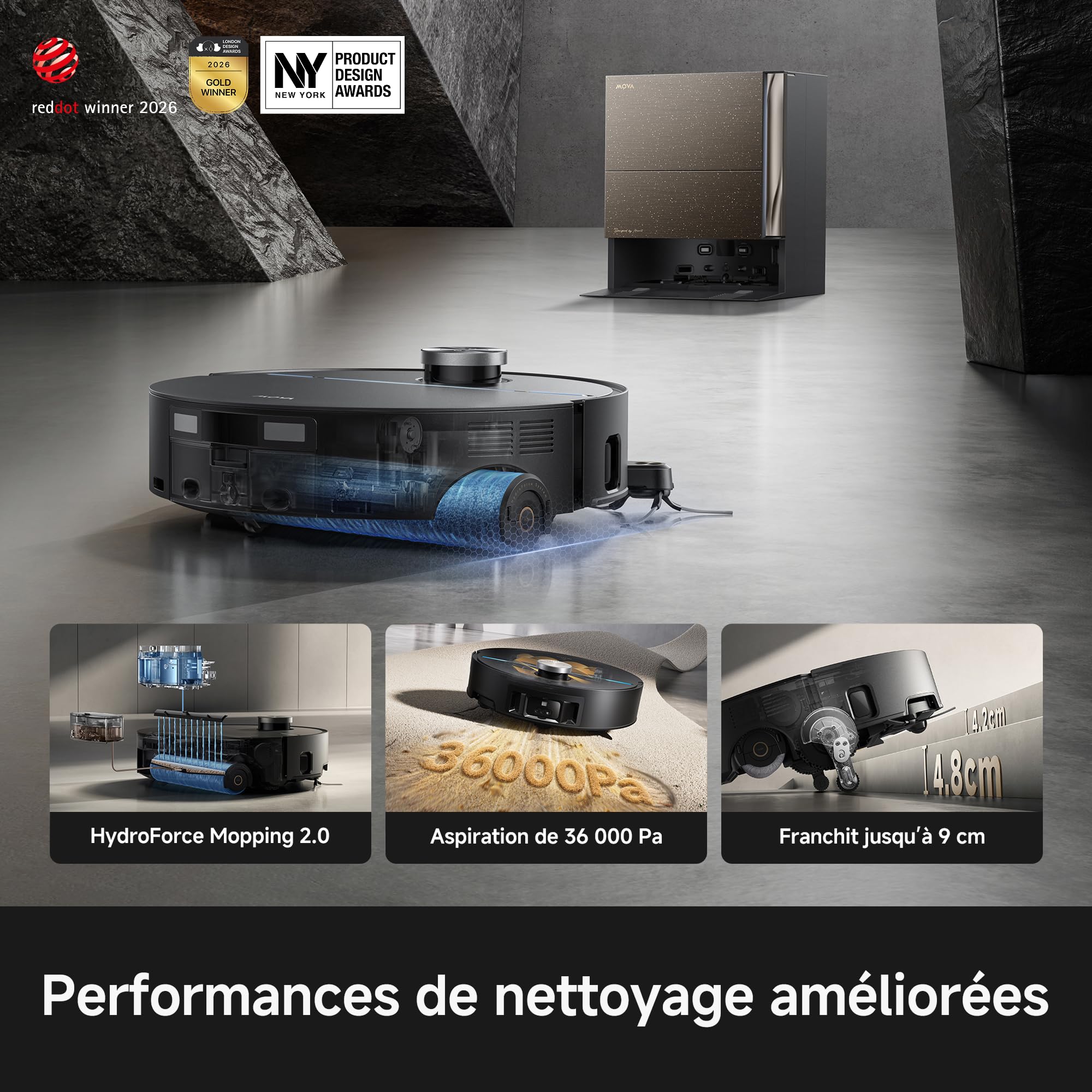 MOVA Z70 Ultra Roller Complete Robot Vacuum Cleaner, HydroForce 2.0 18 N, 36 000 Pa, odporny na plątanie, przedłużanie szczotki i wałka, przeszkoda do 9 cm, technologia AutoShield, mycie mopa w