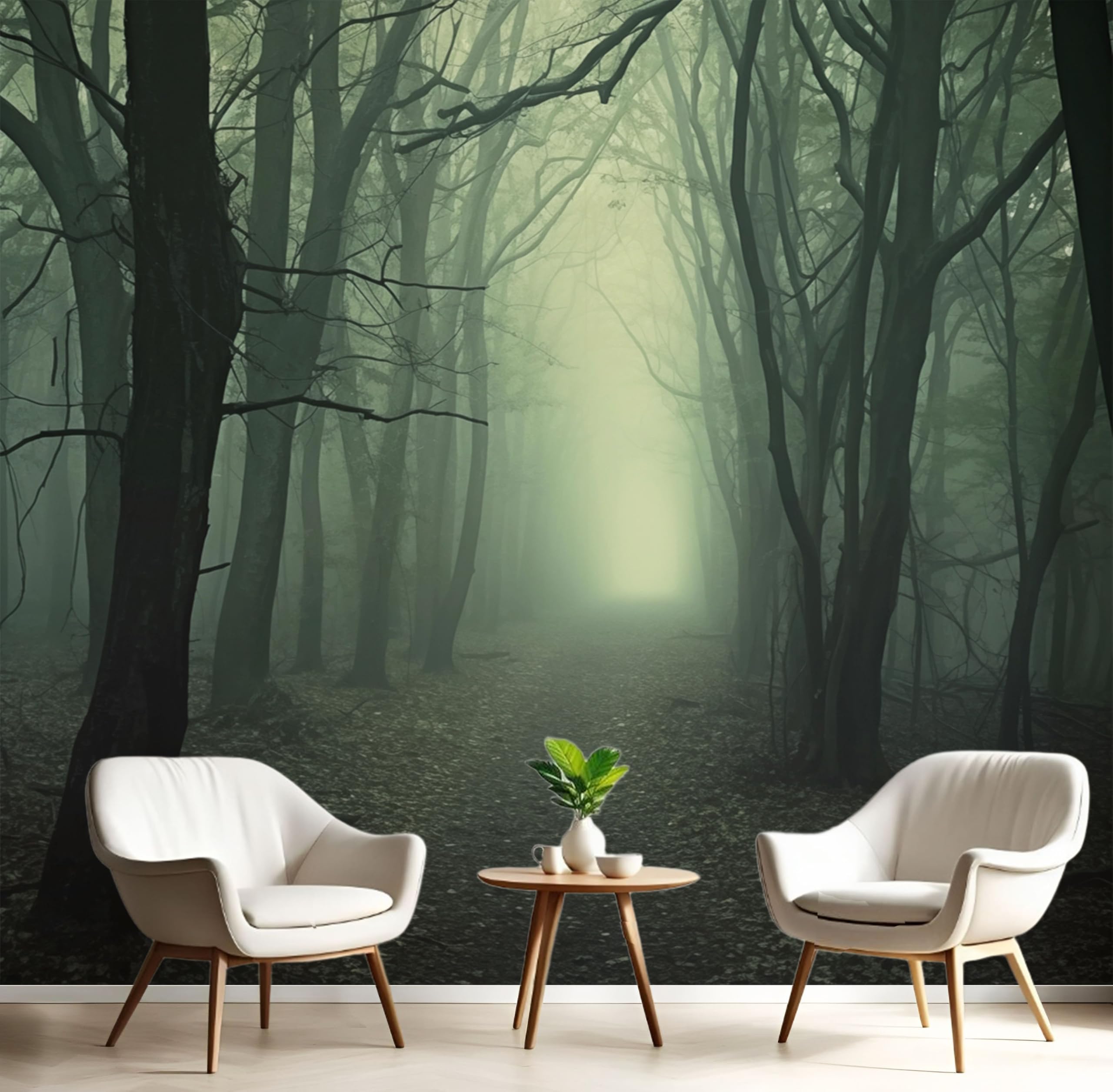 Papier peint forêt brumeuse paysage gothique vert olive 400x280