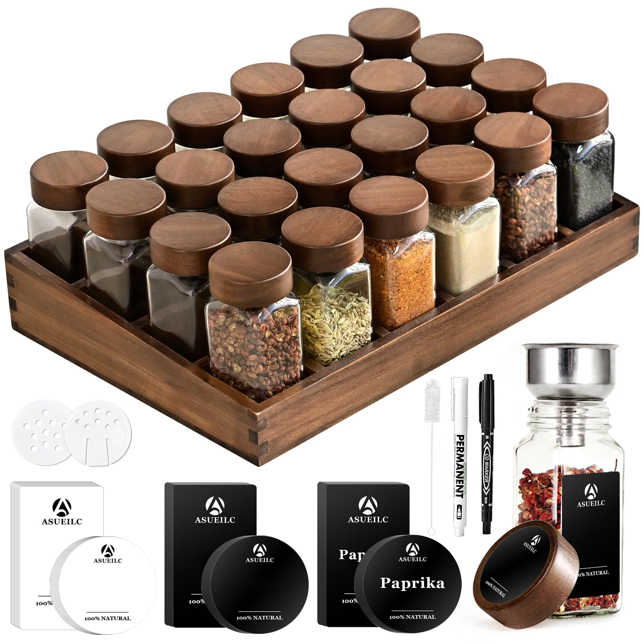 DSUID Square Seasoning Jars Set: 24 x 120-ml Glass Spice Jars With Lids and Labels and a Acacia Wooden Tray; Storage Jars with Lids Airtight; Kitchen Organisation Spice Organiser.