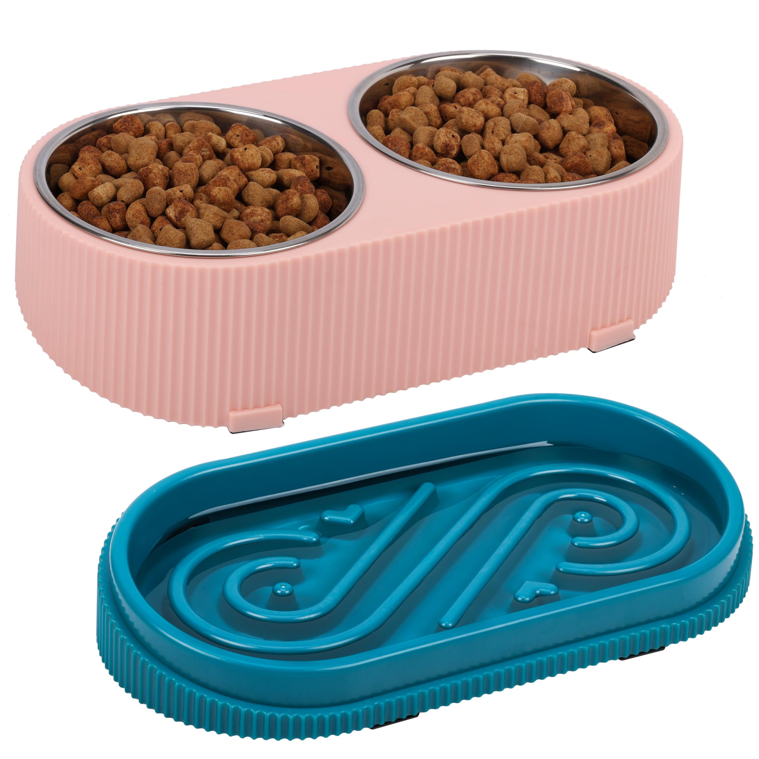 BELLE VOUSBelle Vous Pink Double Dog Bowl - 2 Stainless Steel Cat Bowls with Raised Non-Slip Stand - Elevated Pet Food Feeder & Water Station for Small, Medium Cats Dogs Puppies Kittens Rabbits - Easy to Clean