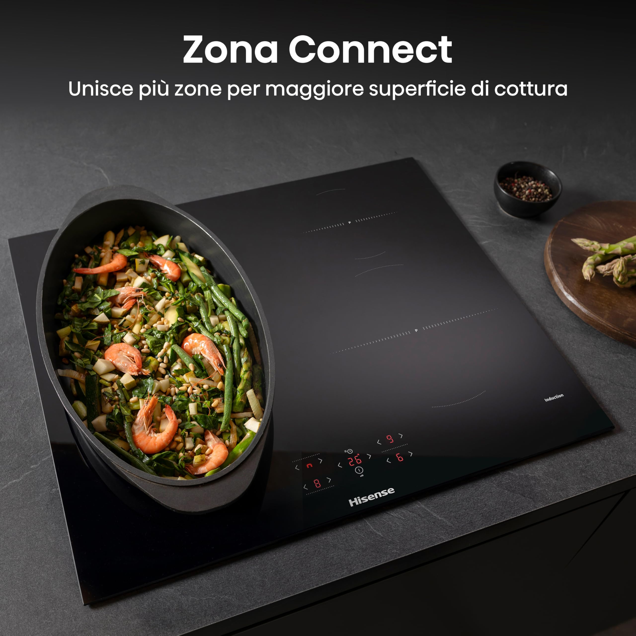 Hisense HI621FM Piano Cottura a Induzione 60 cm, 4 Zone con Connect Zone, Power Boost, 7200W, Touch Control, Timer e Indicatore Calore Residuo, Vetroceramica Nero
