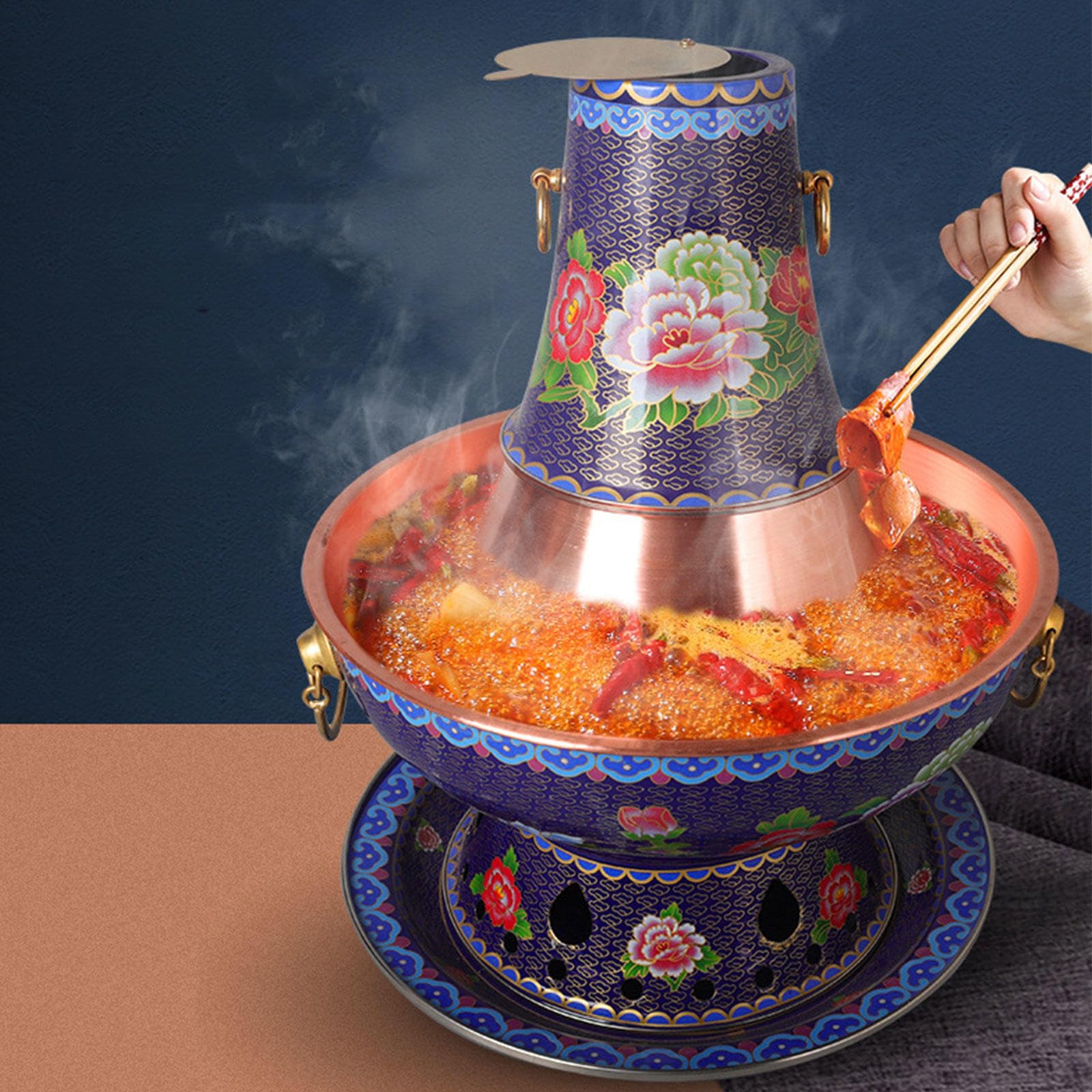 UNYQBFKM Enamel Copper Hot Pot, Old-Fashioned Copper Furnace Household Beijing Mutton Cloisonne Charcoal Copper Pot for Kitchen Catering Parties Hotels Dining,36cm