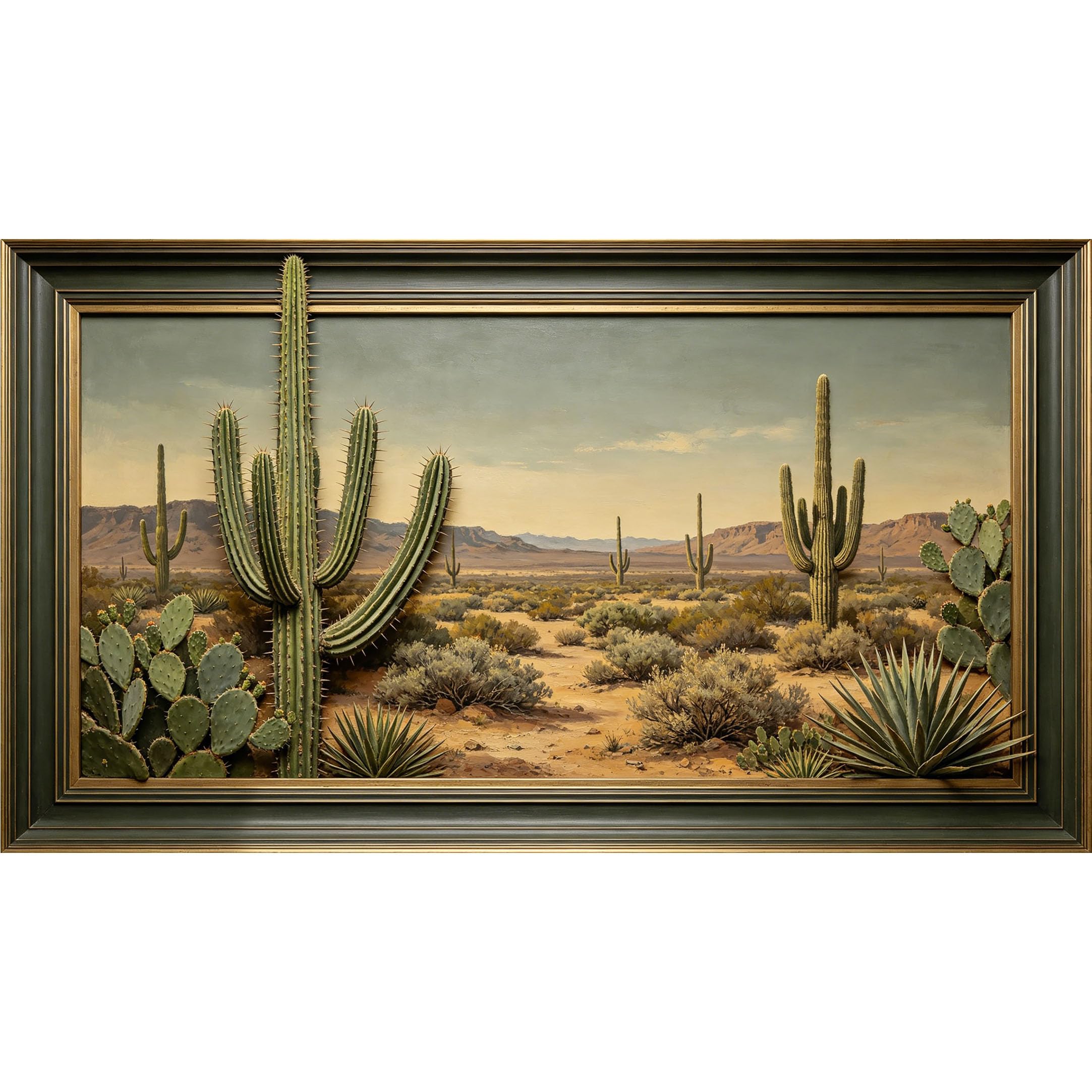 QZLITHOTIC 50×90cm3D Framed Wall Art， Southwestern Desert Landscape Cactus Self?Adhesive Mural， Water?Activated Peel & Stick Fabric Decor Wall Decal for Bedroom Living Room