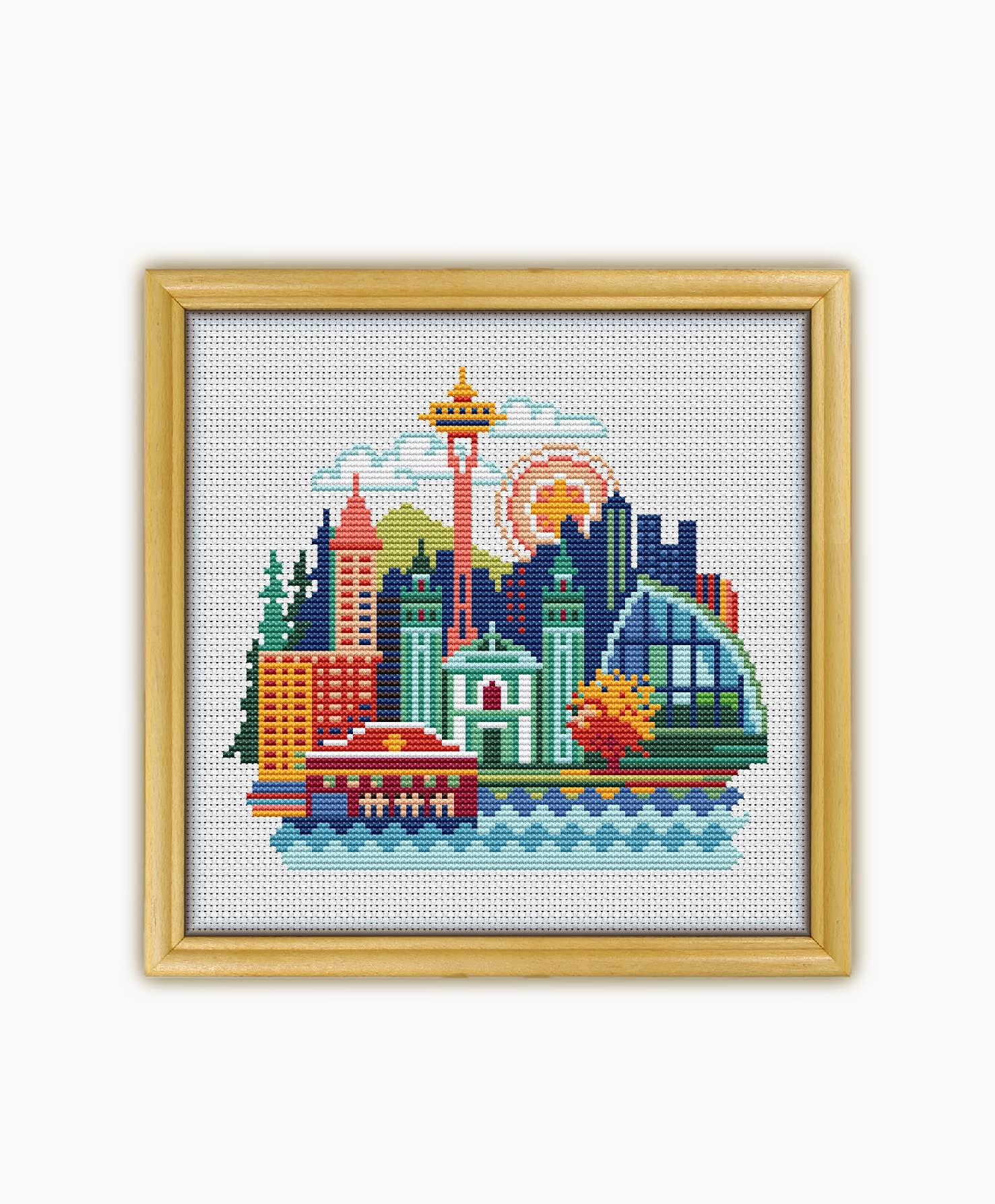 Seattle Washington USA CS076 - Counted Cross Stitch KIT#2. Set of Threads, Needles, AIDA Fabric, Needle Threader, Embroidery Clippers and Printed Color Pattern Inside.