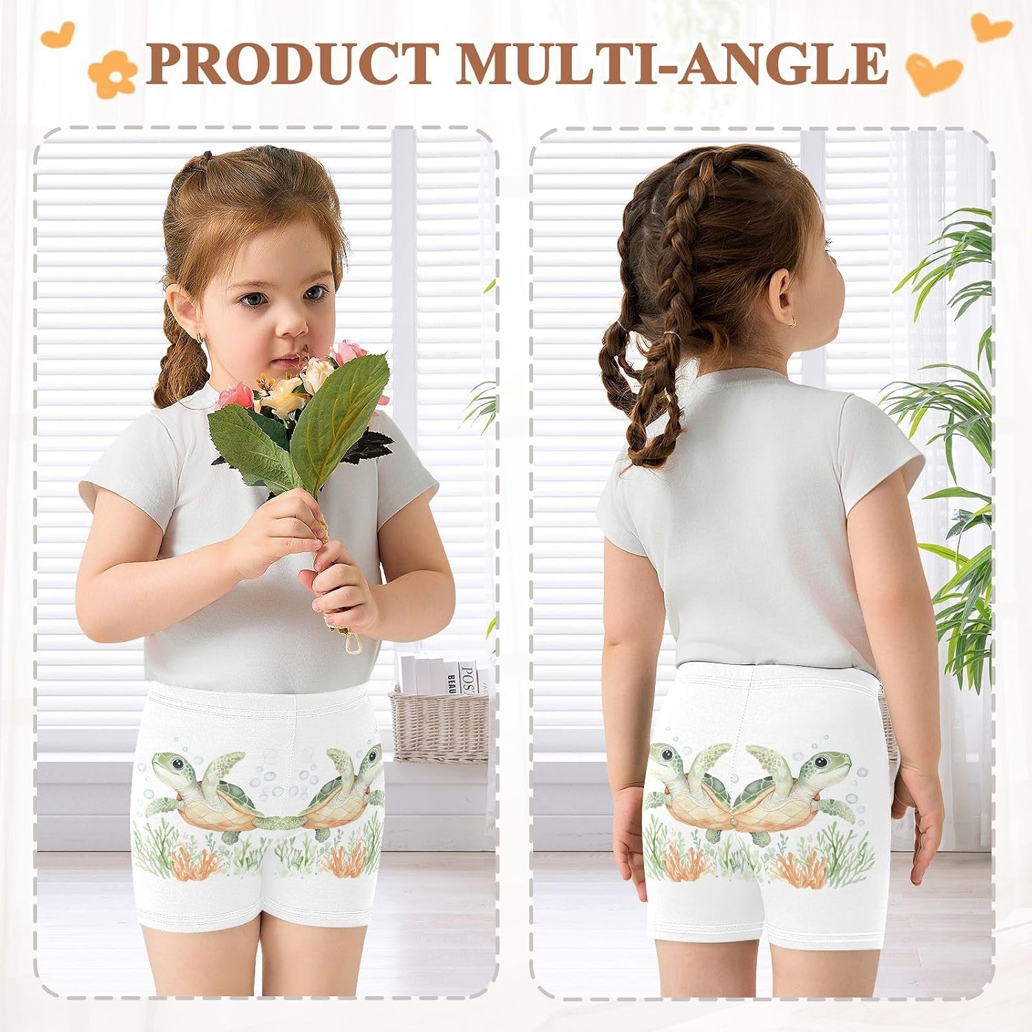 Turtle Seaweed Bubbles White Girls Bike Shorts Toddler Soft Cotton Active Under Dress Shorts