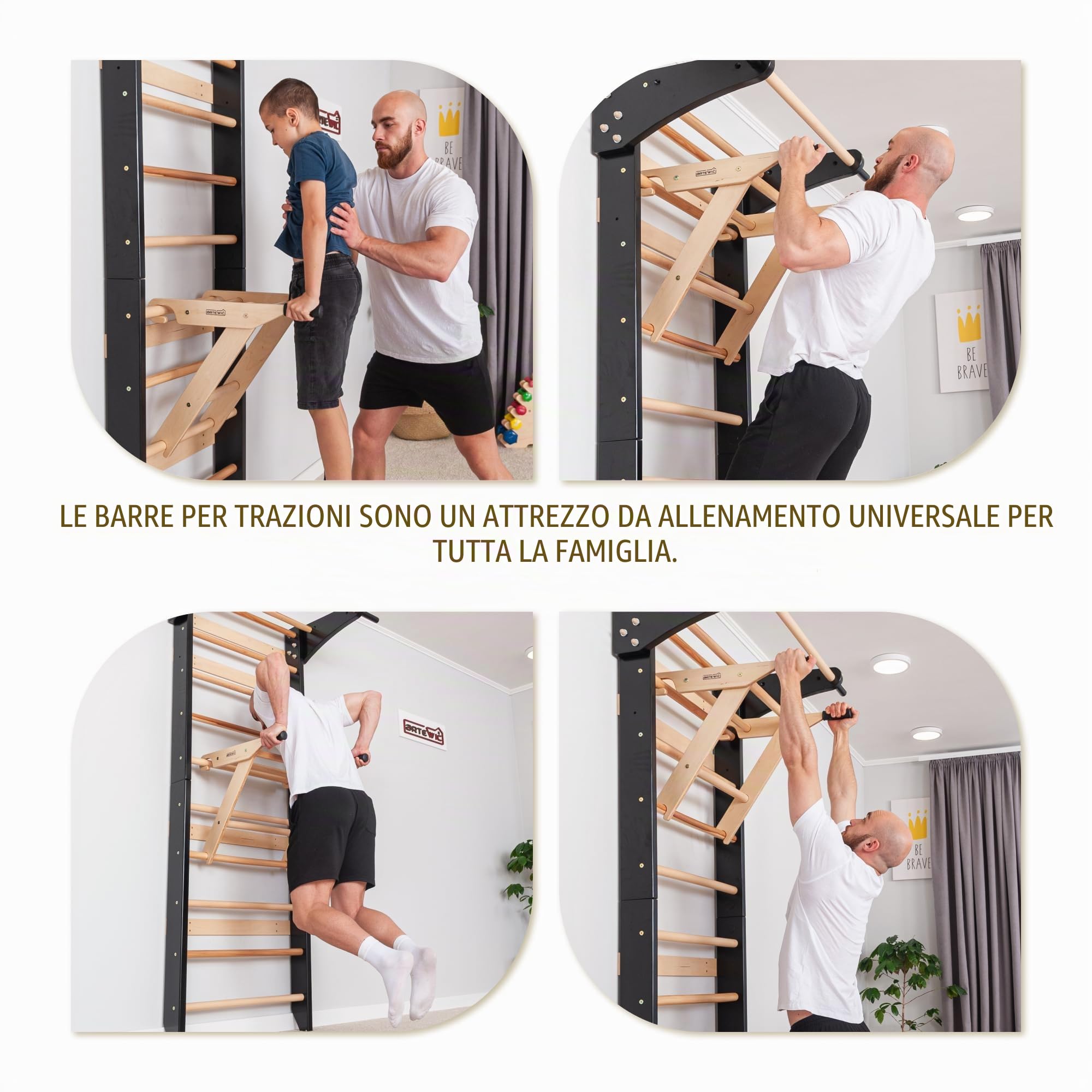 Spalliera Svedese con Barra per Trazioni e Parallele per Bambini e Adulti – Parete da Arrampicata in Legno, Attrezzo Fitness Multifunzione con Impugnatura per Trazioni (Nero)