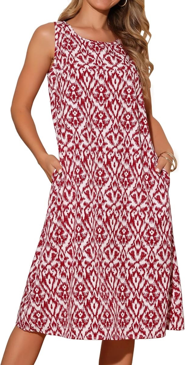 Seta T Women's Summer Dresses Sleeveless Print Loose Midi Tank Dress | Beach Sundress with Pockets, Crewneck, Casual, A-line Swing Style, Flwoy, Spring, Daily Wear