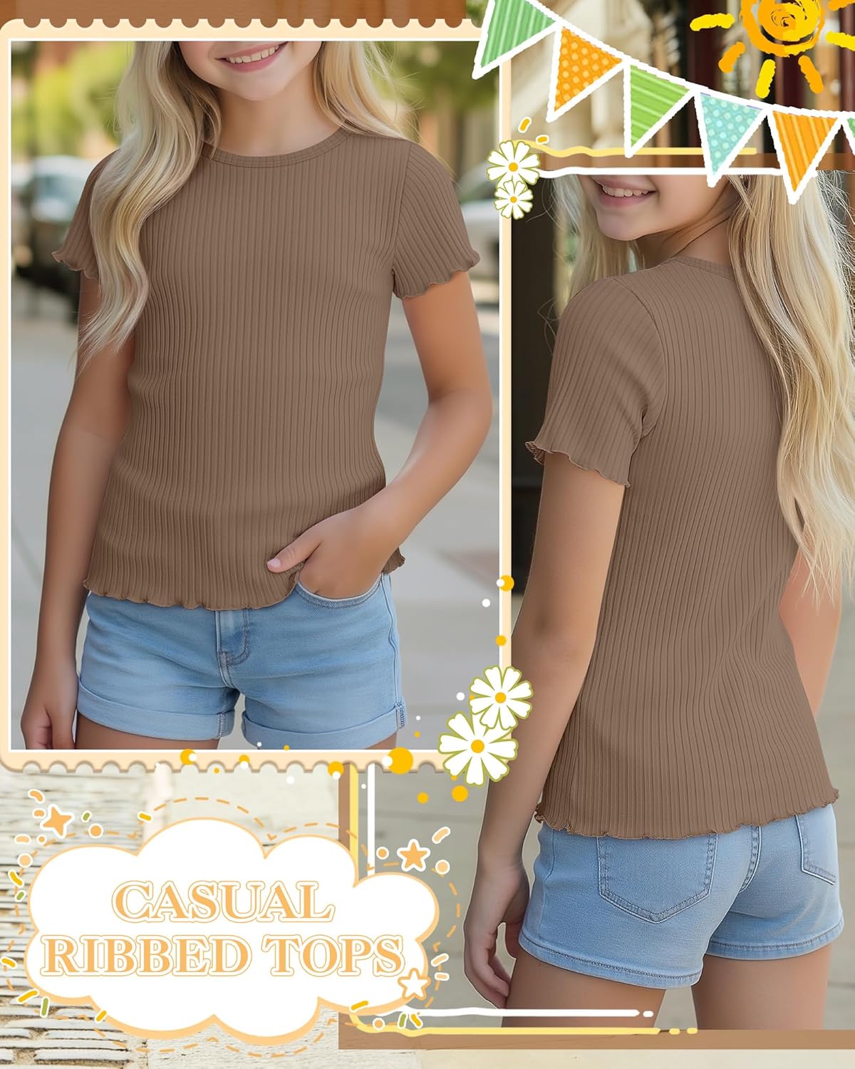 Girls Ribbed Short Sleeve T Shirt Lettuce Trim Crew Neck Tops Basic Tee Cute Casual Shirt for Kids Teens - Image 3