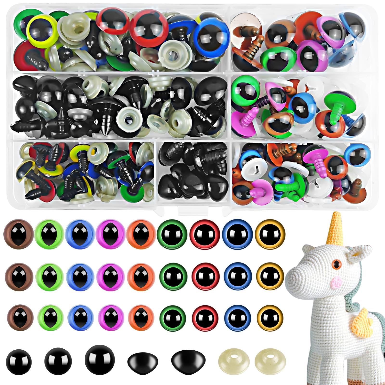 HavaCue Set 78 Pezzi Occhi Amigurumi Con Nasi - 8-12mm Multicolore Per Pupazzi E Peluche