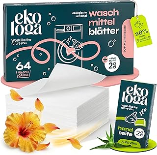 Waschmittelblätter - Vegane, Biologisch abbaubare & Plastikfreie Waschstreifen - Ohne Phosphate & Chemikalien - Sanft zur Haut - Für alle Wäschearten (64 Stk. + Handseife)
