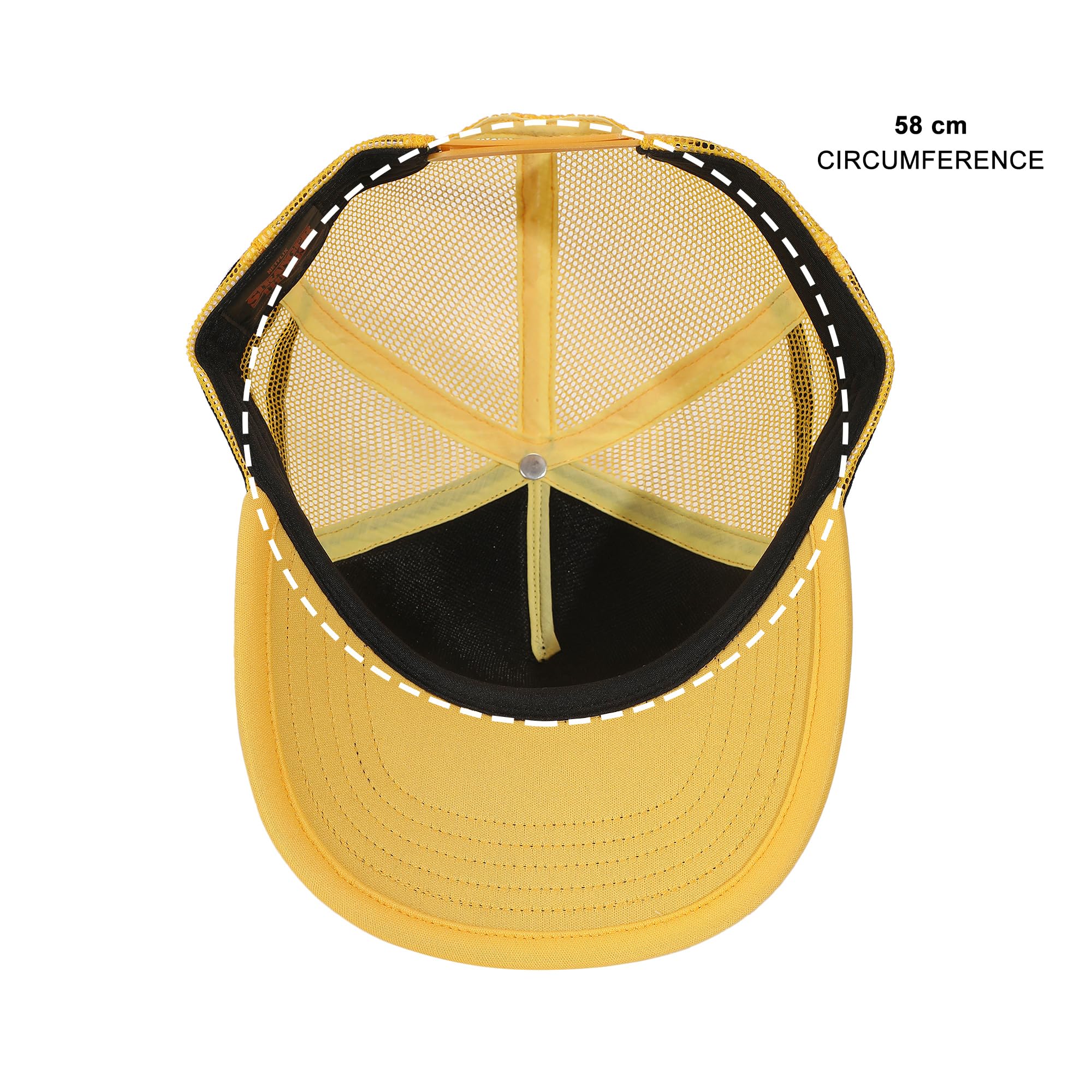 Gorra Stranger Things Dustin Henderson negra y amarilla de cosplay estilo trucker