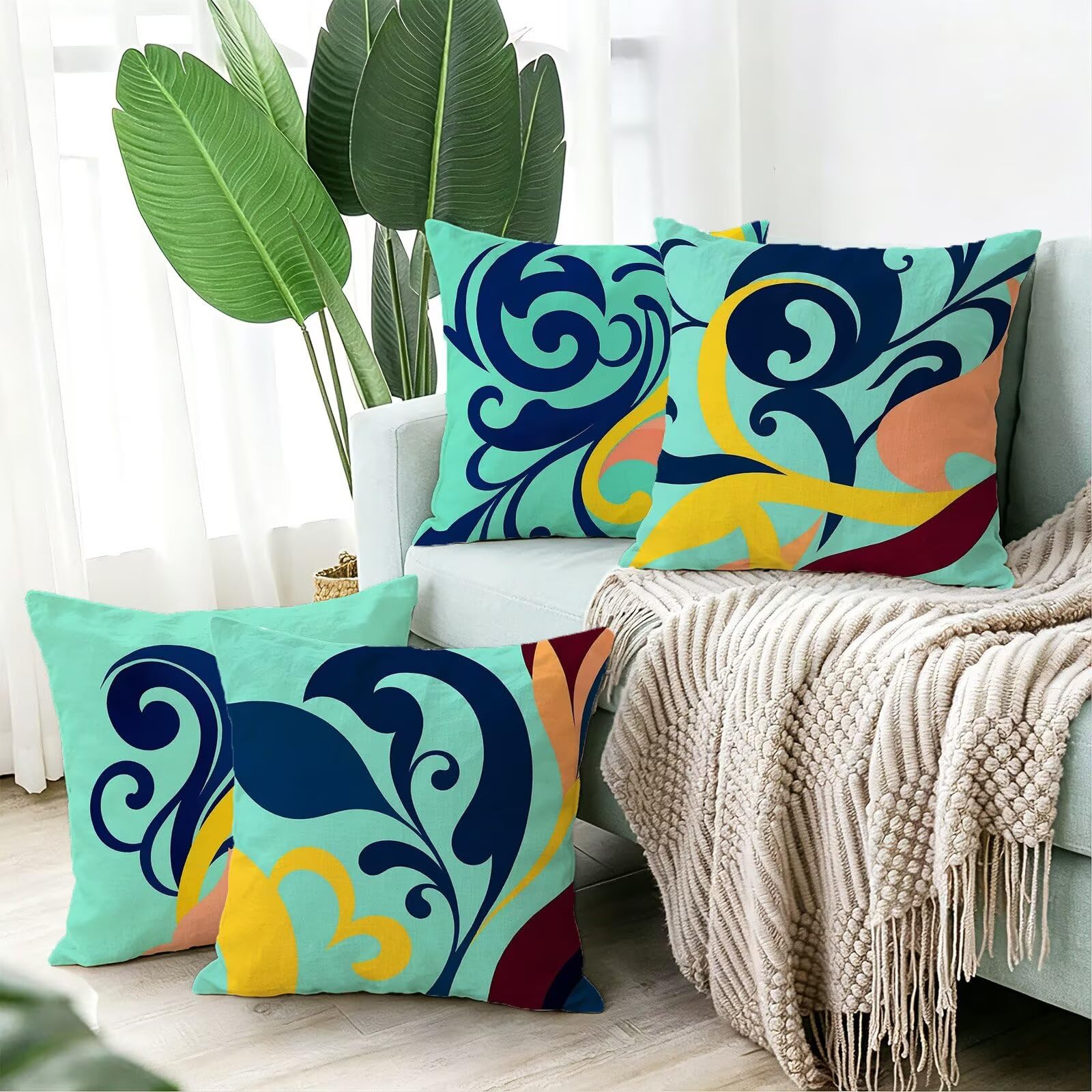 Blu Federe Cuscini Divano 40x40cm, Cuscini da Esterno Set de 4, Cod-94 | Lin Copricuscini Decorativi Letto Arredo, per Letto, Soggiorno, Giardino, Esterno, Casa Decorazione Set di 4 Foglie