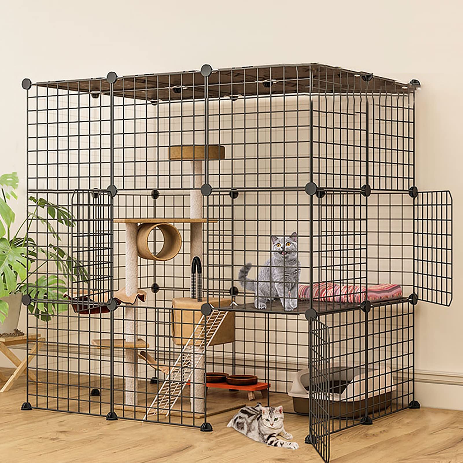 asdchZen Cat Cage Metal Cat Ferret Enclosure Chinchilla Cage Ramp/Ladders/Hammock For Pet Closed Cat Cage With Litter Box,C,111 * 75 * 109 Cm,White,Black-75x49x109CM