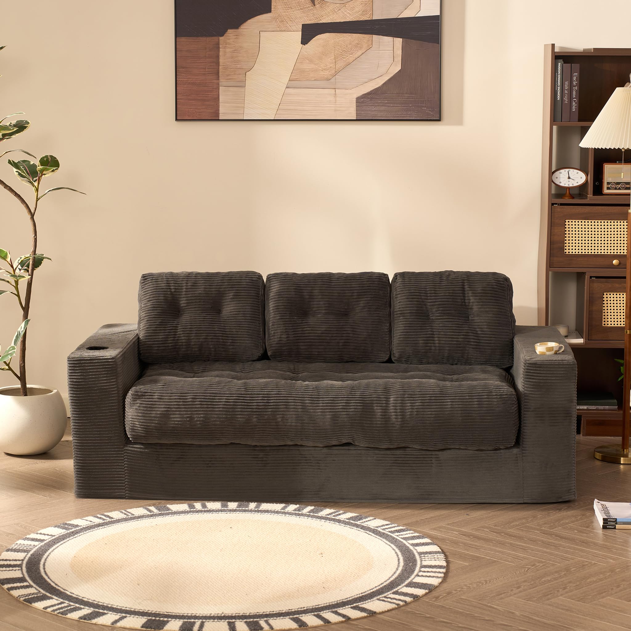 Sofá de 3 plazas de 190 cm para salón, sofá de Suelo de Pana sin Boneless con Cojines, reposabrazos y Soporte Doble para Bebidas, con Respaldo, no Requiere Montaje (Gris)