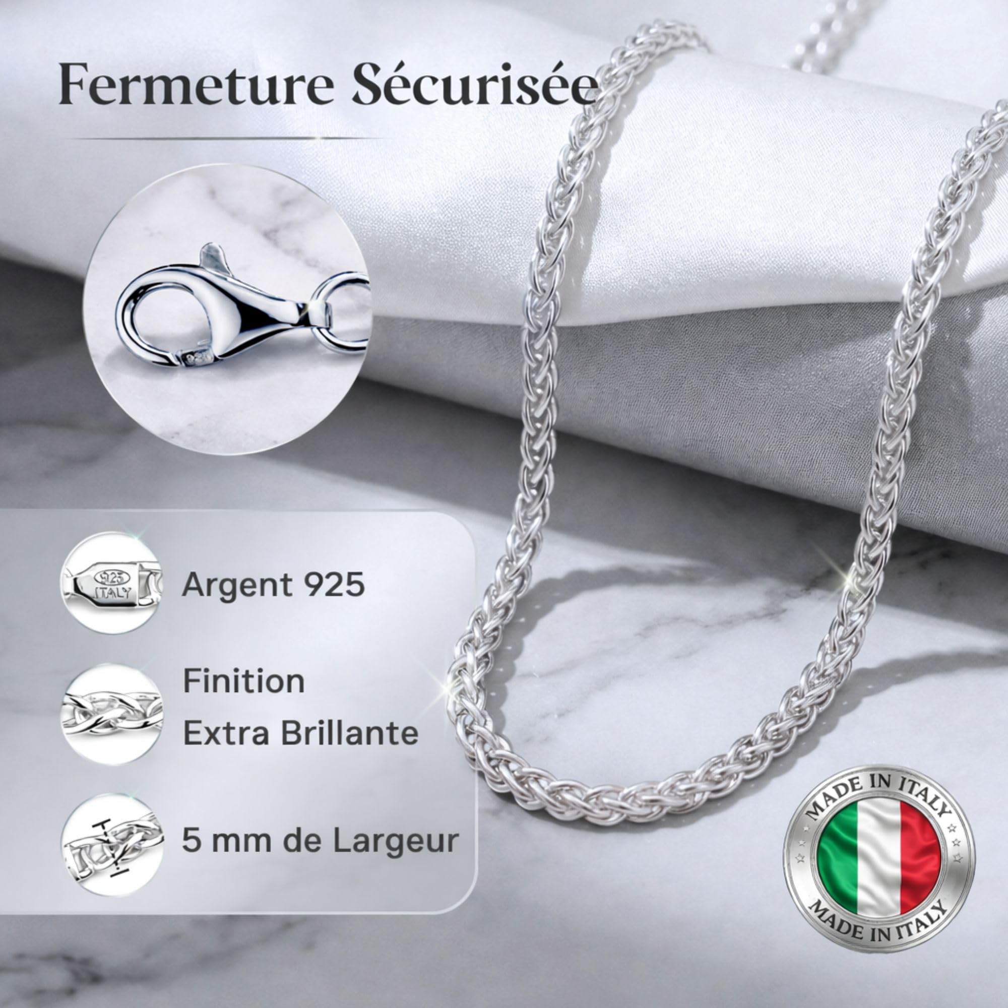 QUADRI - Collier Homme et Femme Argent 925 - Chaîne Épi - Made in Italy