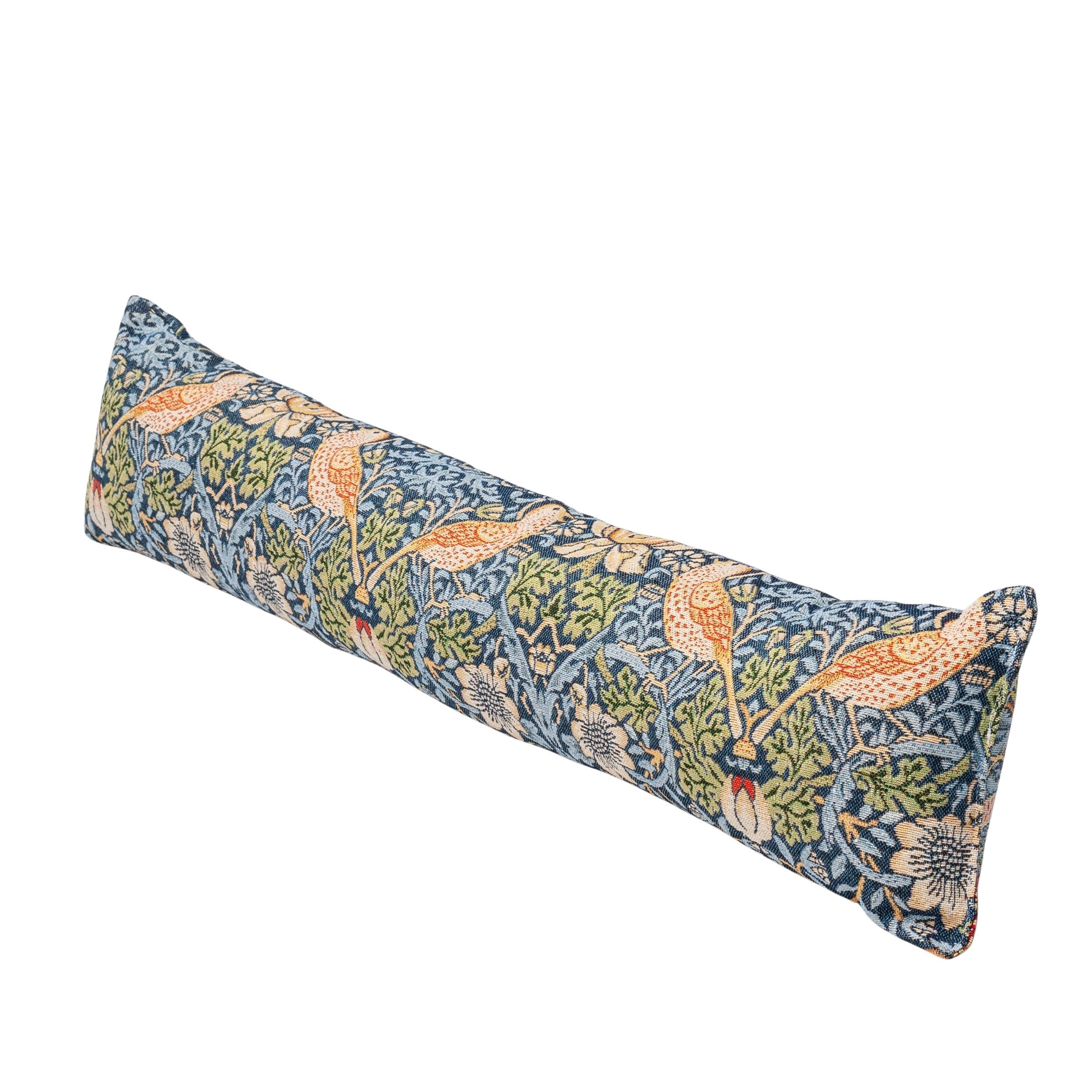 William Morris Strawberry Thief Tapestry Draught Excluder in Marine Blue. Traditional Botanical and Animal Design. Energy Saving Home Accessory. 90x20cm