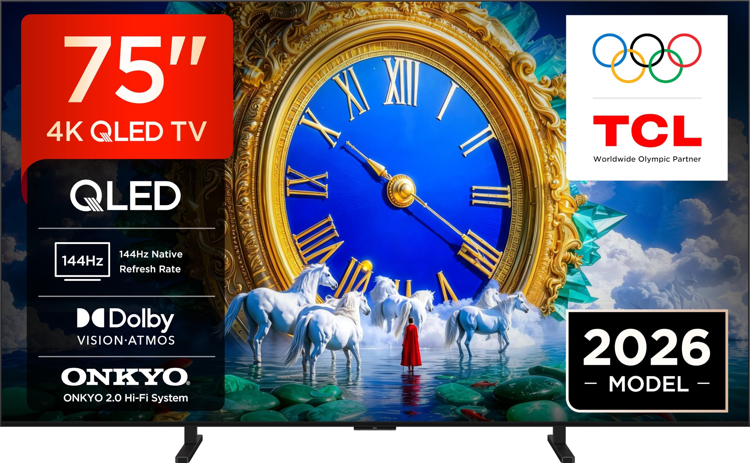 TCL 75A400 Televisor 75 Pulgadas QLED 4K Smart TV, 144Hz, Direct LED, Onkyo 2.0, Dolby Vision & Atmos, HDR10+, Manos Libres, Google TV, Apple AirPlay 2