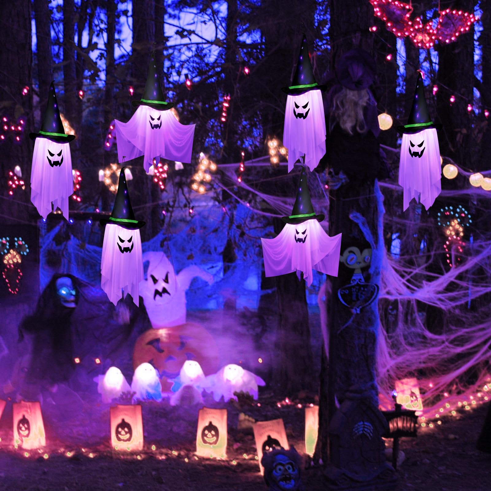 Halloween Deko, 105 cm Geist Dekoration zum Aufhängen mit 24 bunten LED-Lichtern, Windsack für drinnen und draußen, Garten, Party-Dekoration, Weiß, (DWS-001)
